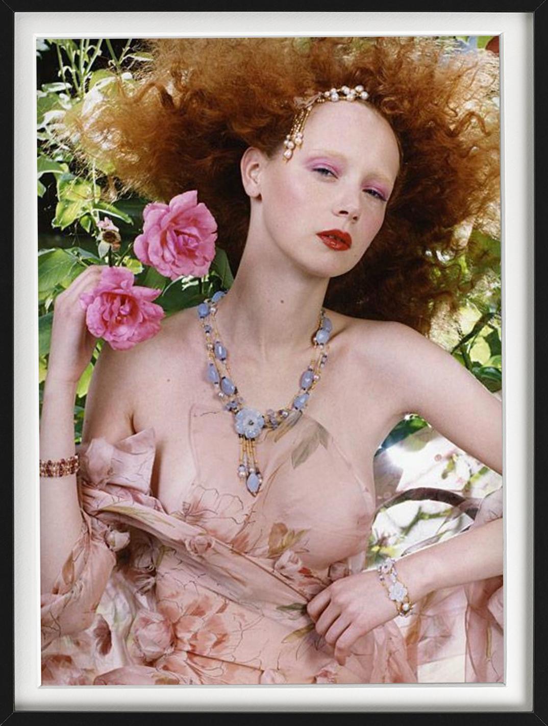 Red Hair #2 - semi nude Portrait with flowers, fine art Photography, 2004 - Brown Color Photograph by Iris Brosch