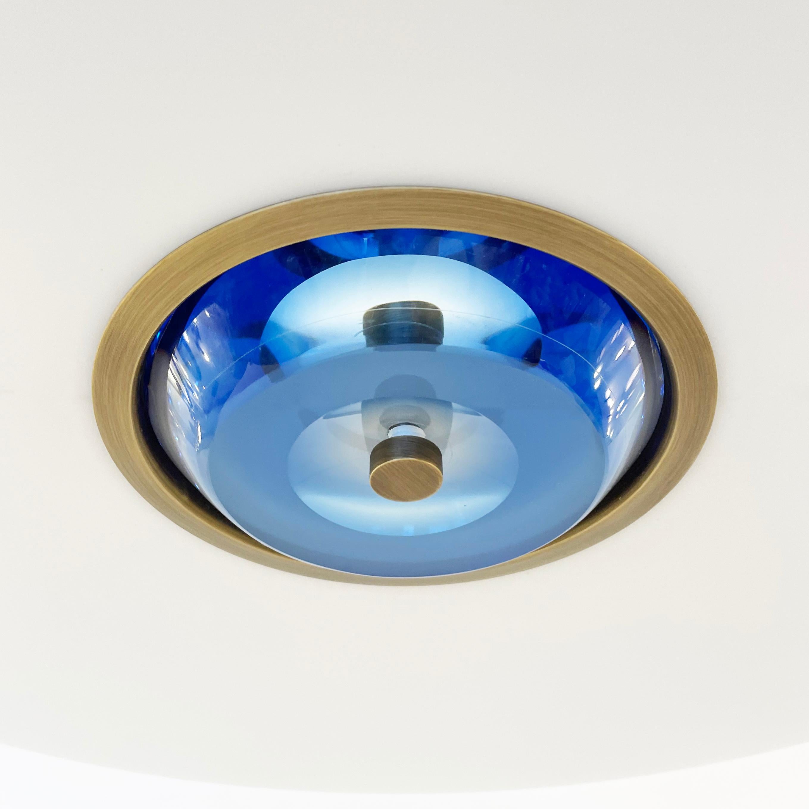 Brass Iris Ceiling Light by Gaspare Asaro-Blue Glass Version For Sale