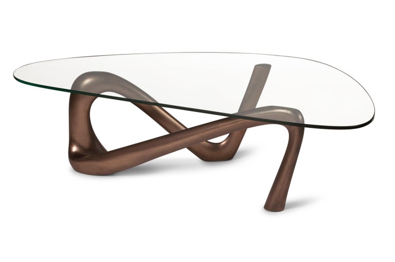 Modern Iris Coffee Table with Glass, Dark Bronze Finish For Sale