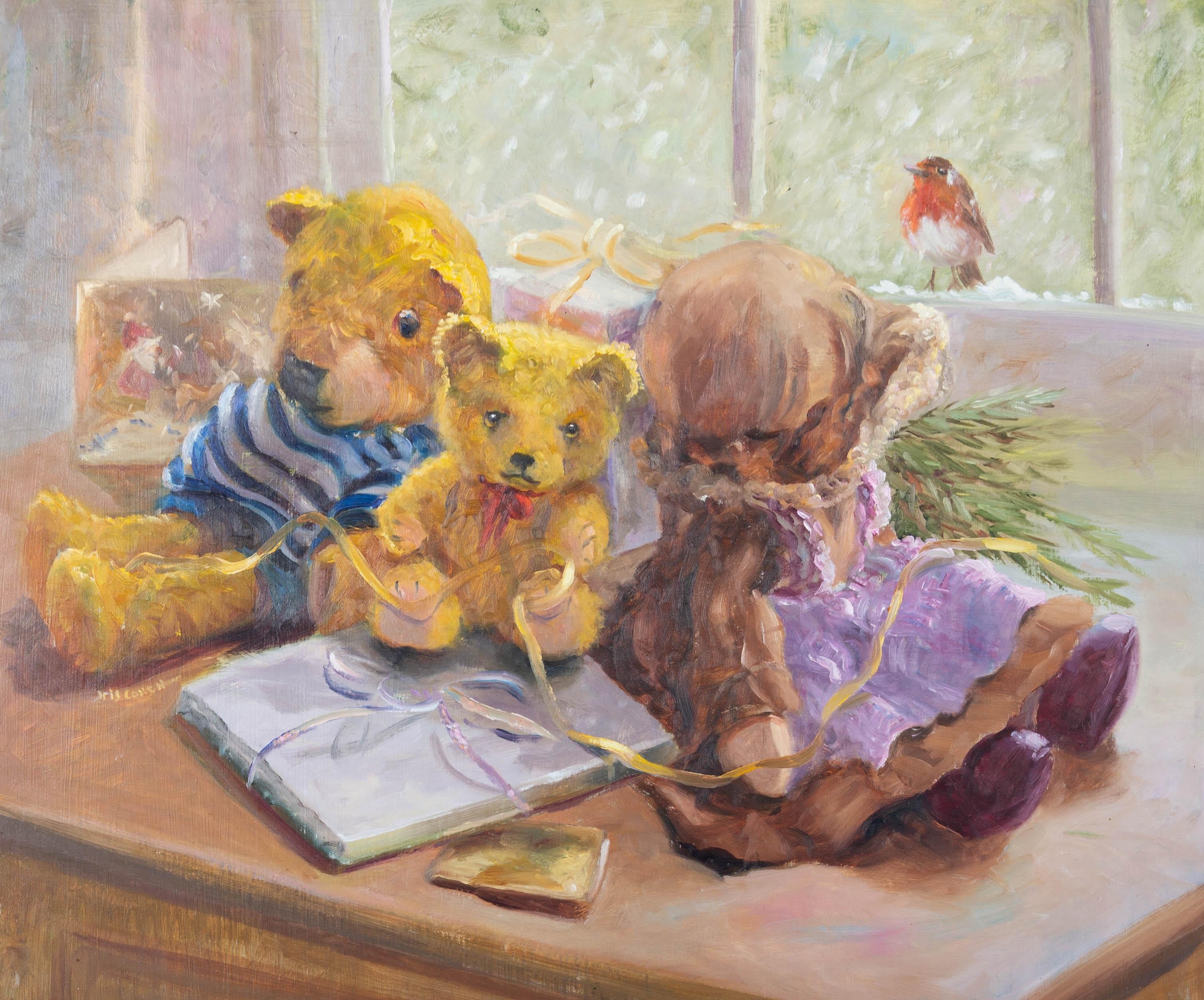 A charming study of teddy bears and a doll by well-listed artist Iris Collett. At the window a robin sits in the snow looking into the house at the toys surrounding a small present. Painted in expressive brush strokes the artist has captured the