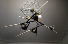 Iris, Customizable Contemporary Chandelier with Handmade Wood Spindles