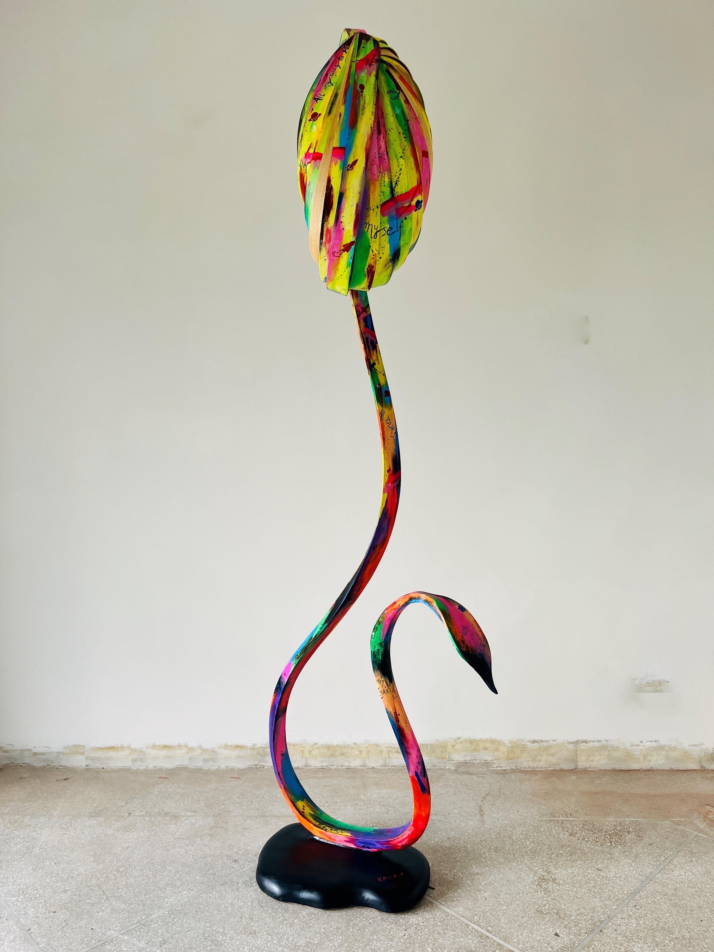 This is the Floor Lamp No. 2 from the Fluentum Series. A collaboration between the Studio and Hamza Khan Sherwani, a Pakistan based artist.

The piece is an arc lamp which has been presented as an abstraction of a vine plant. Thin strips of wood