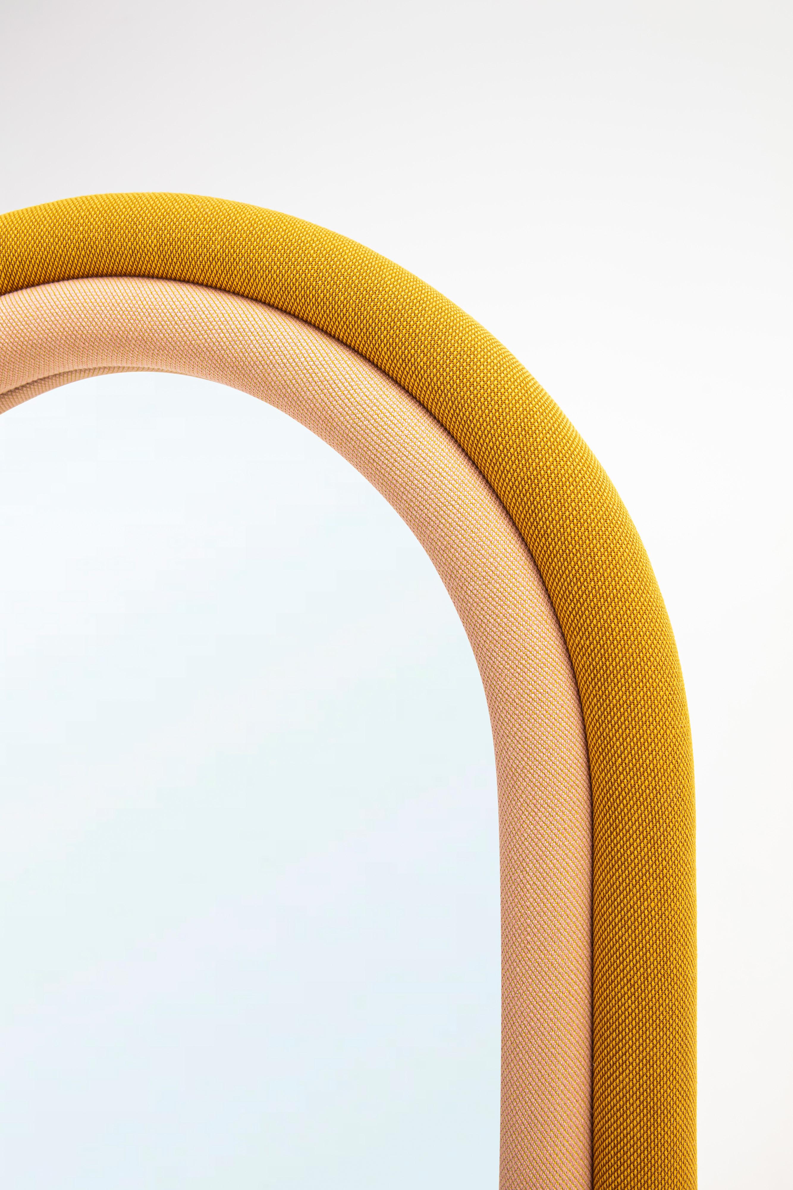 Turkish Iris Floor Mirror by Merve Kahraman, Mustard & Pink Upholstered Arched Frame For Sale