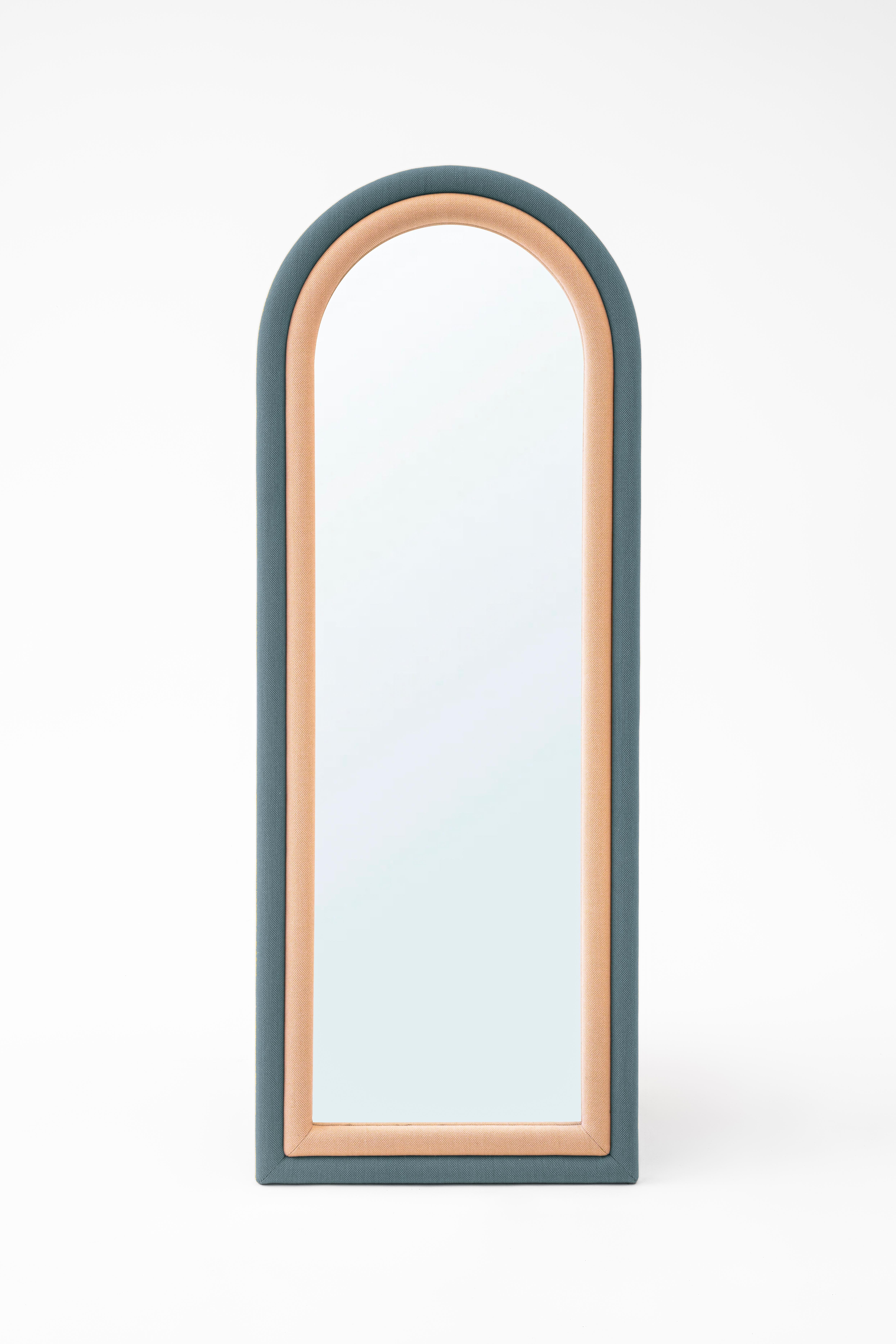 Contemporary Iris Floor Mirror by Merve Kahraman, Mustard & Pink Upholstered Arched Frame For Sale