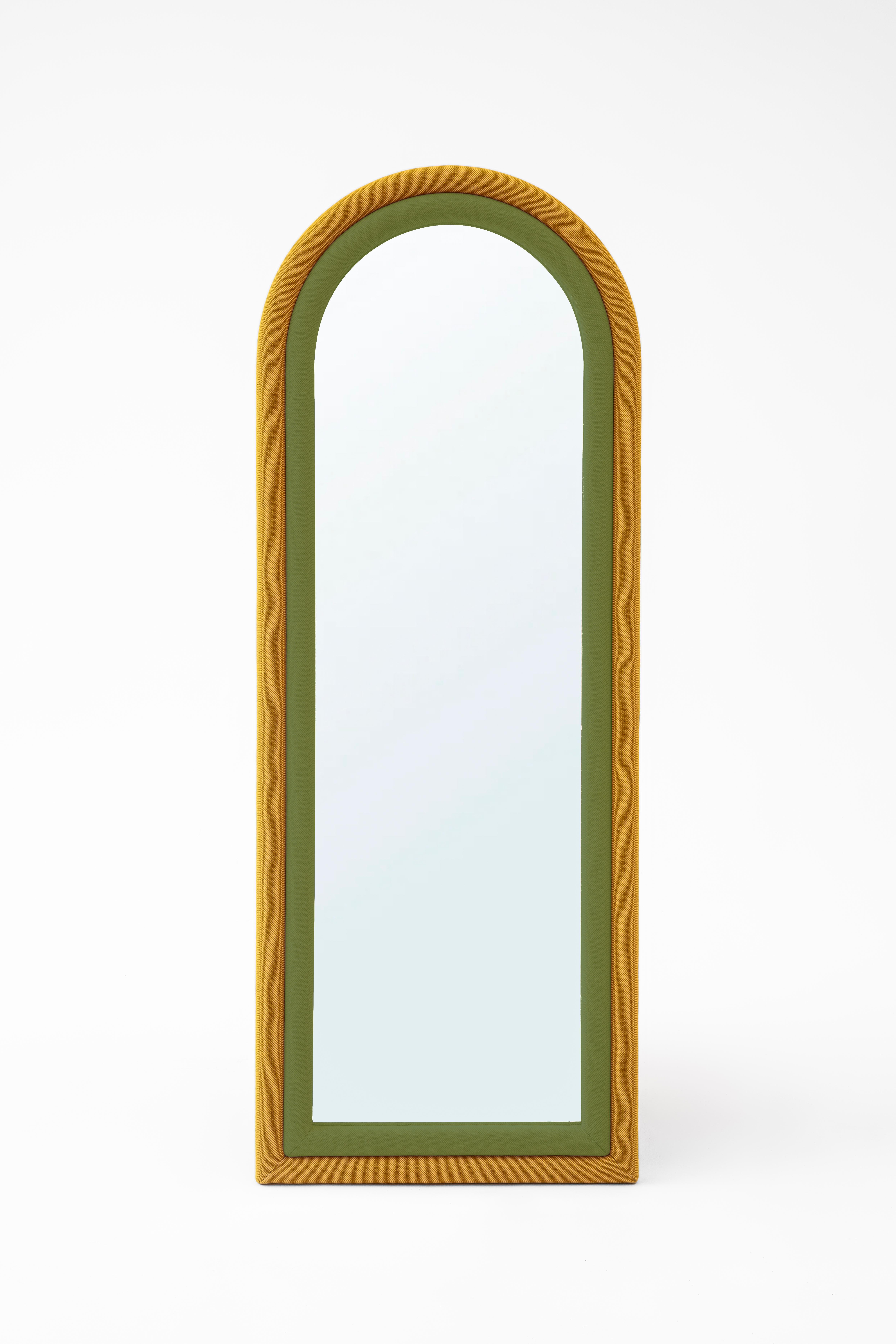 Fabric Iris Floor Mirror by Merve Kahraman, Mustard & Pink Upholstered Arched Frame For Sale