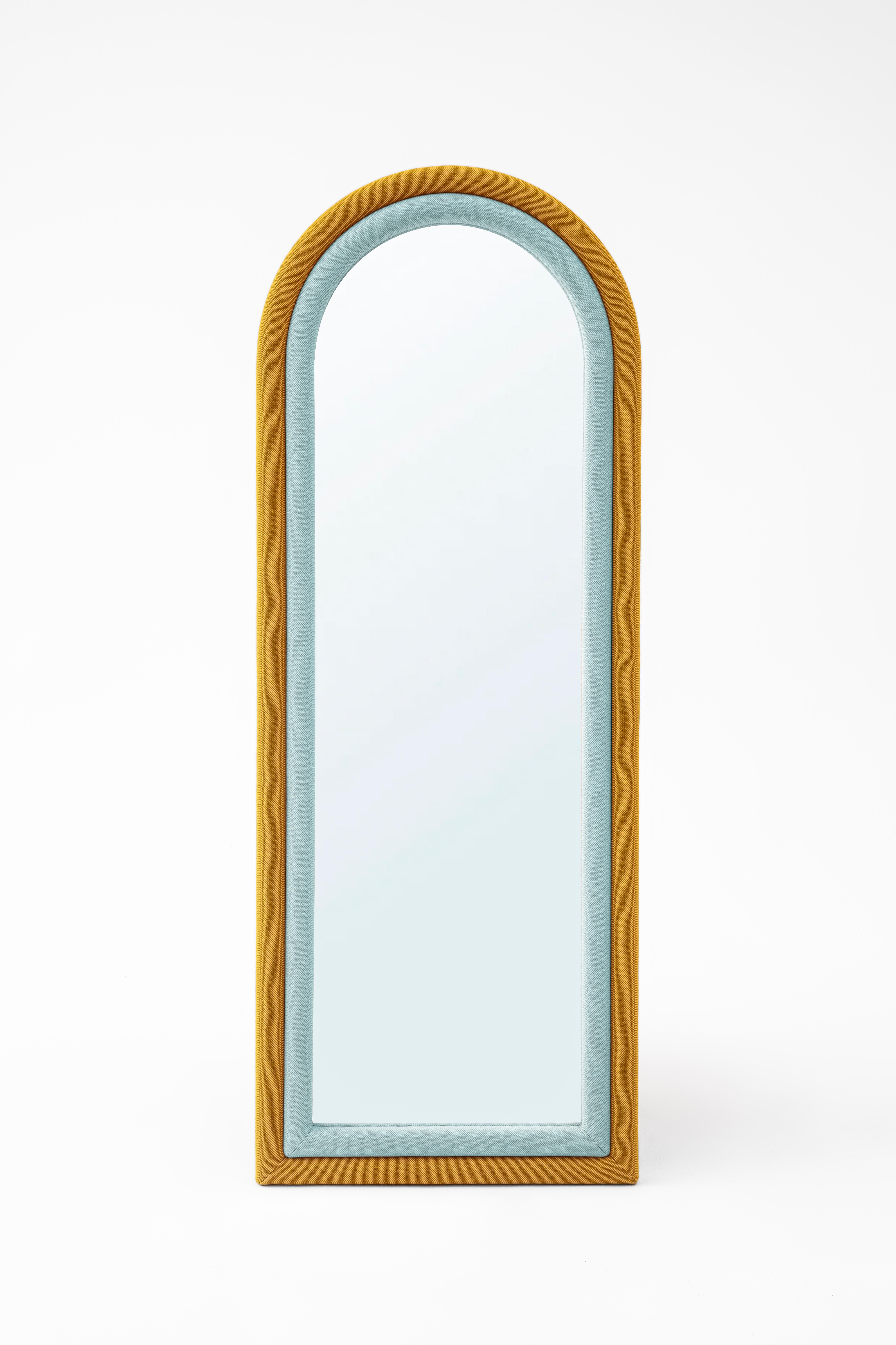 Iris Floor Mirror by Merve Kahraman, Mustard & Pink Upholstered Arched Frame For Sale 1