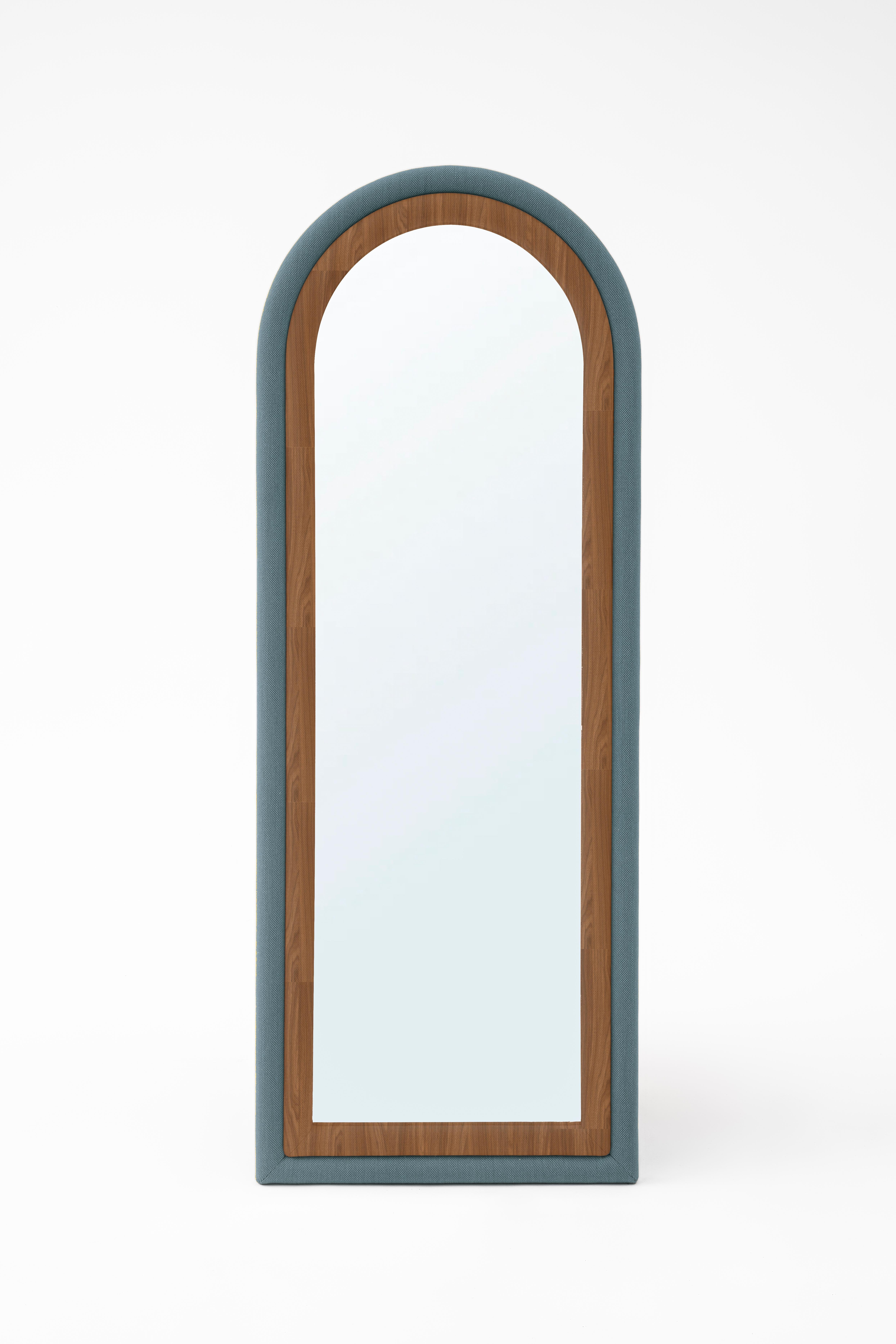 Iris Floor Mirror by Merve Kahraman, Mustard & Pink Upholstered Arched Frame For Sale 2