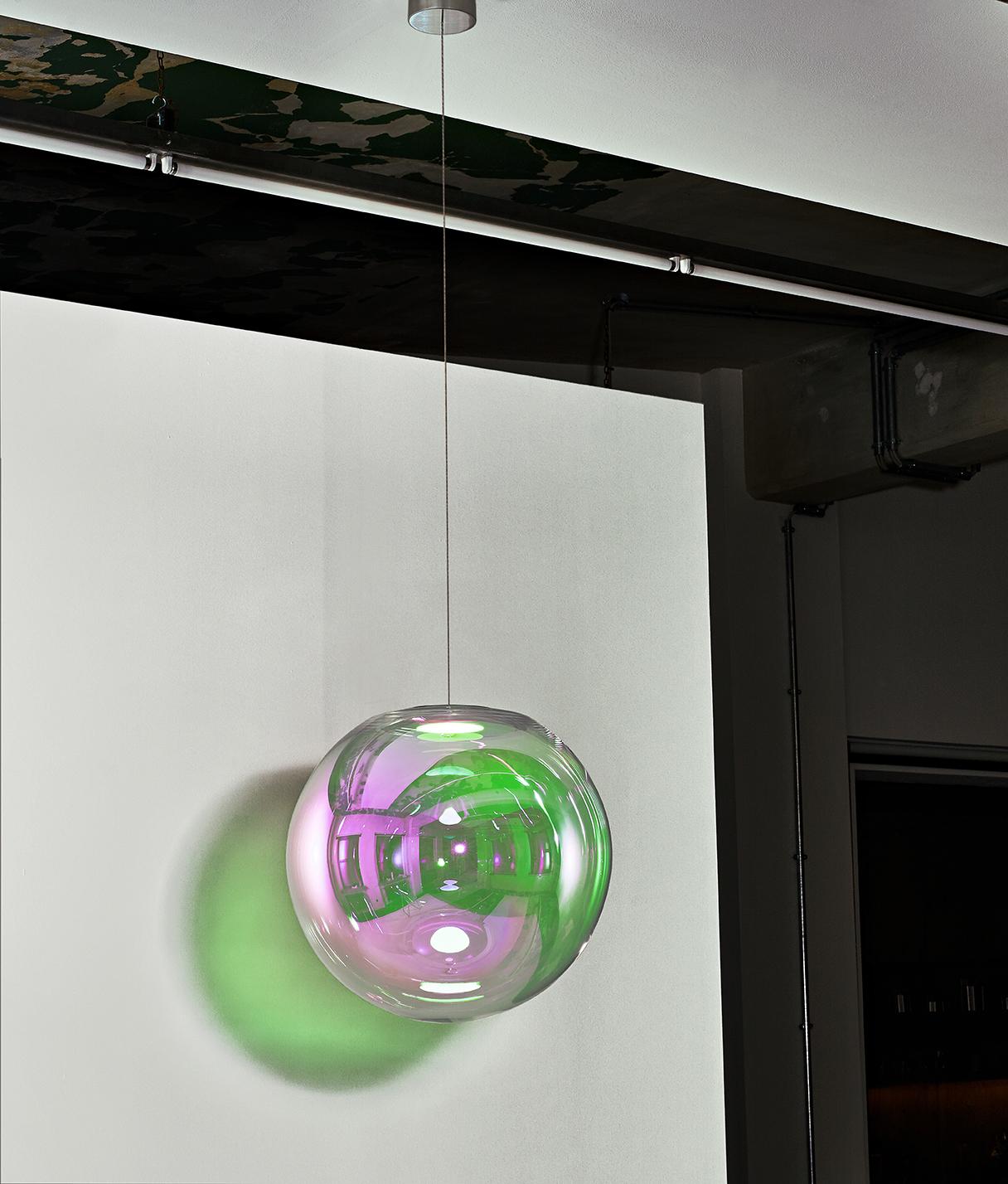 German Iris Globe Pendant Lamp 25 cm Pink Green Steel,  Sebastian Scherer NEO/CRAFT For Sale