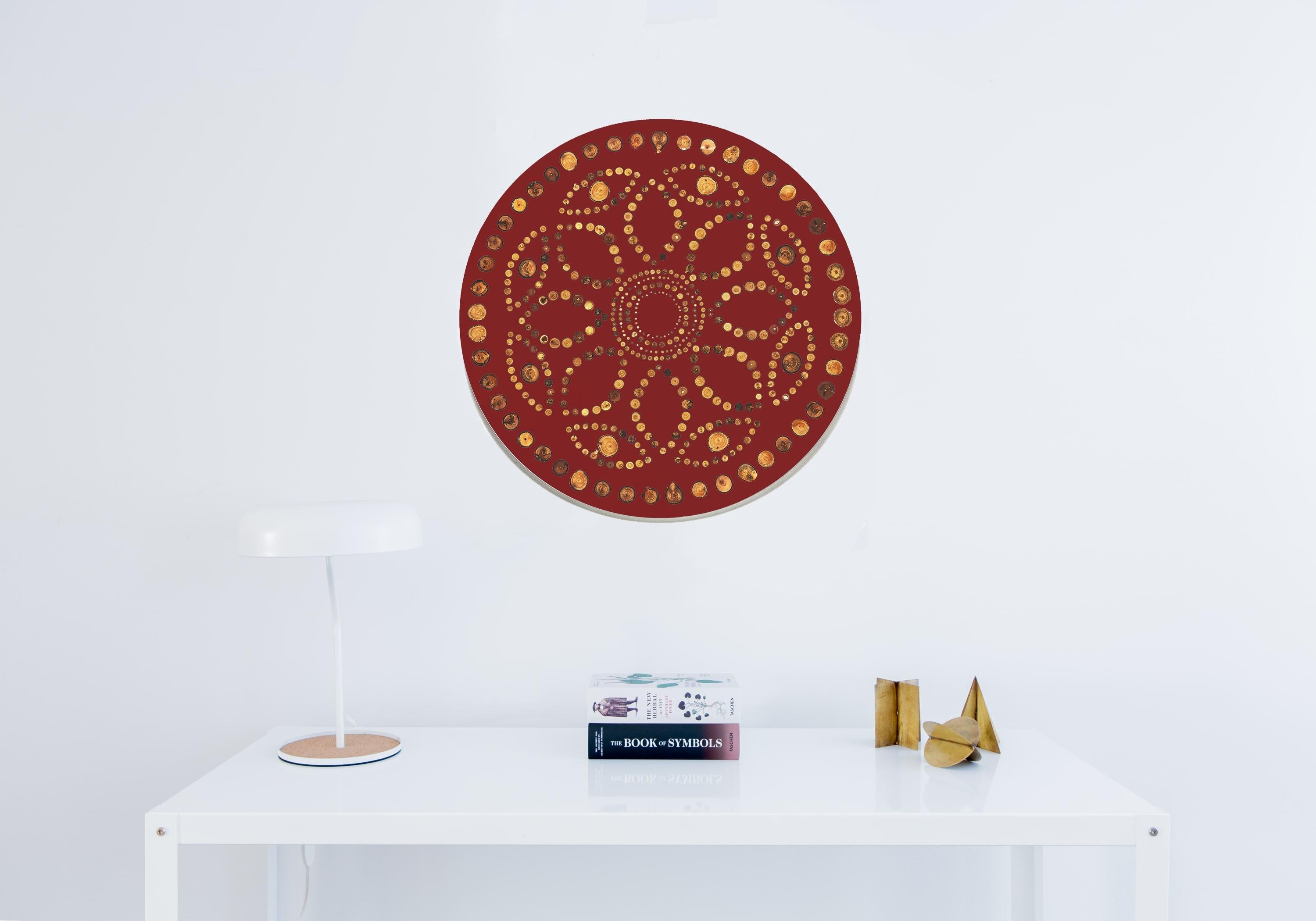 Iris Large custom wall hanging features various fruit wood end-grain embedded in ABDB Maroon resin. Complete with pieces necessary to place on wall.

Measures: 27” diameter.

Handmade by Djivan Schapira. Lead time: 6-8 weeks. Ships from New