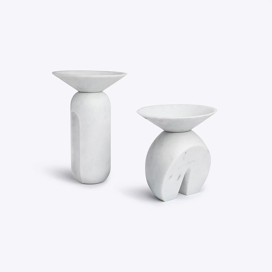Iris, marble contemporary vase, Valentina Cameranesi
Materials: White Carrara marble (Also available in Noir Antique black )
Dimensions: 26 x 24 x 24 cm.

The “Avalon” series consists of 3 sculptural vases, made of White Arabescato Marble or