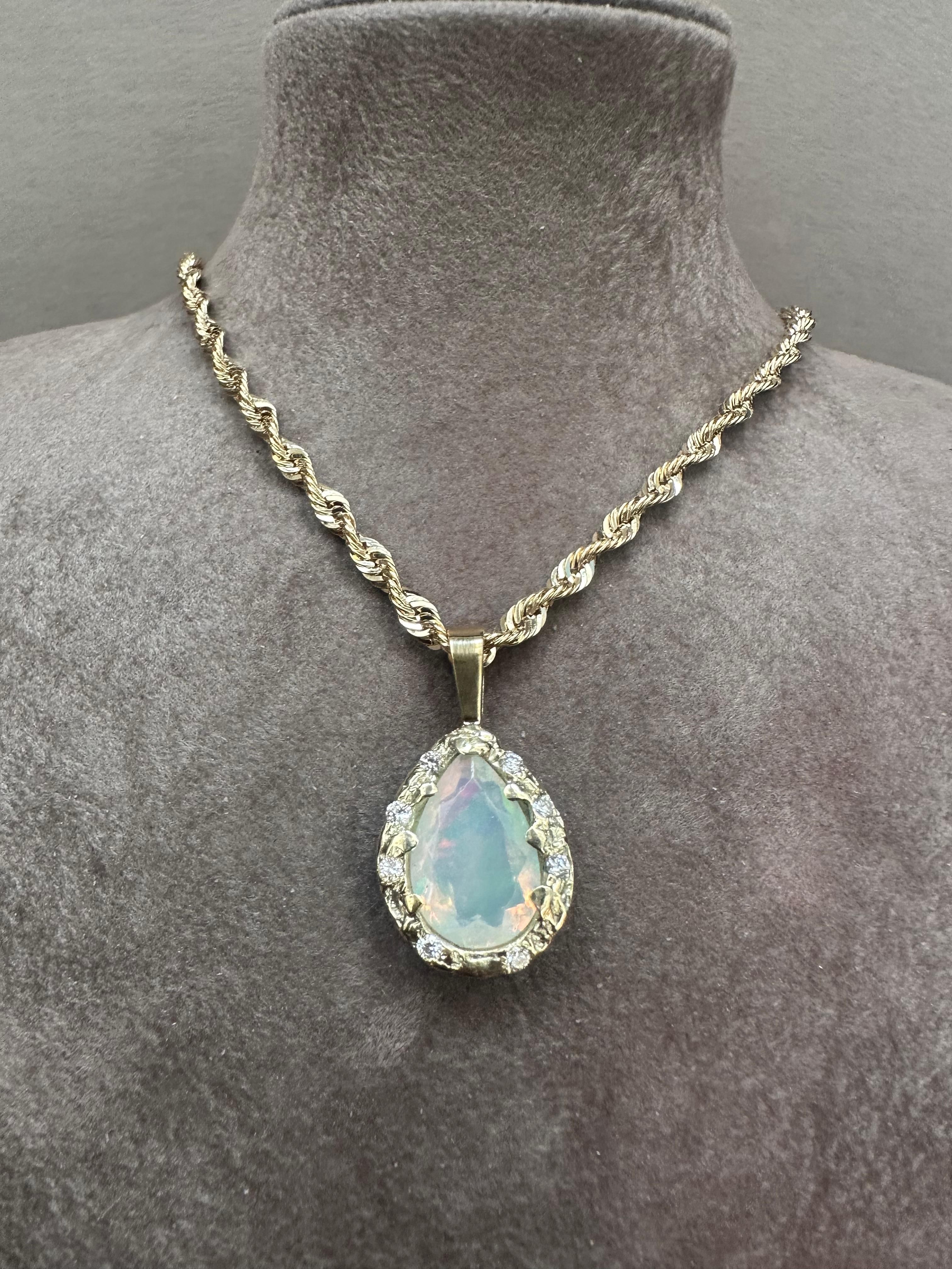 Pear Cut Iris Opal Drop Pear Rope Necklace with Diamonds in 14k Yellow Gold For Sale