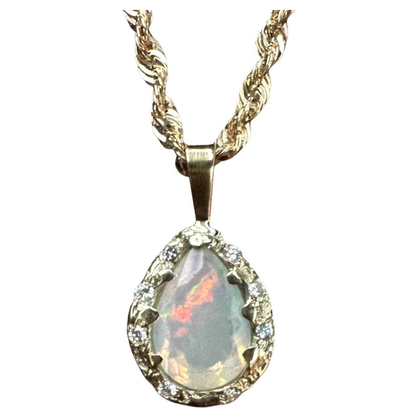 Iris Opal Drop Pear Rope Necklace with Diamonds in 14k Yellow Gold