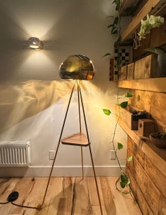 Iris Pod Floor Lamp: Brass Light with Adjustable Shade and Black Walnut Shelf