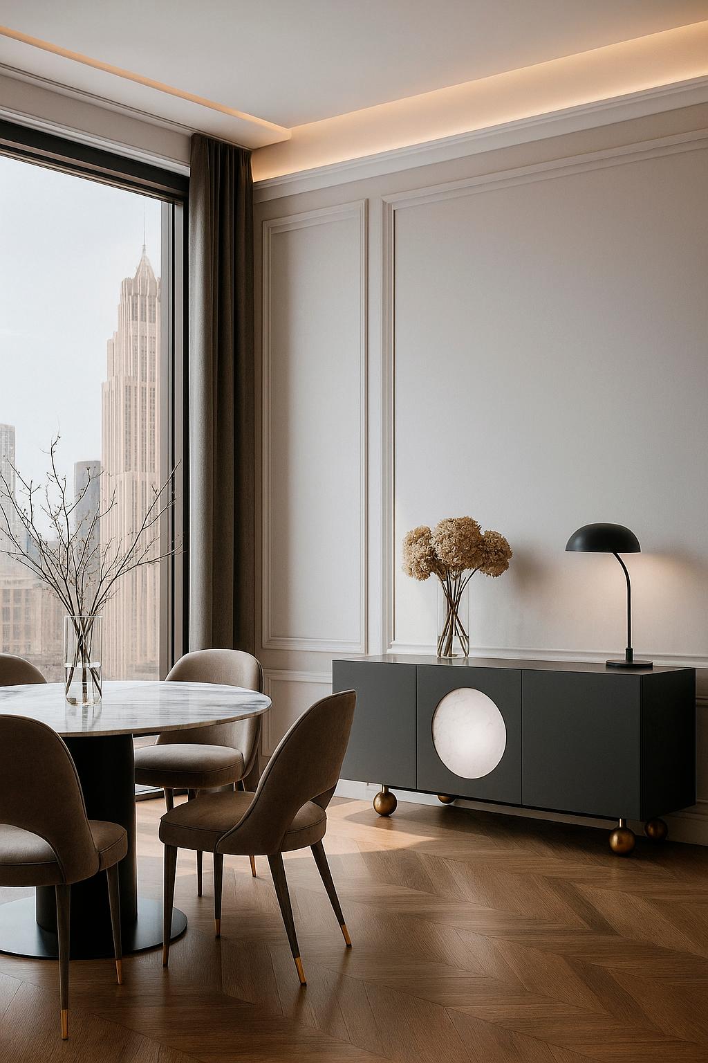 Le buffet Iris redéfinit le luxe grâce à un placage de ziricote inattendu et à des finitions laquées très douces, avec des formes traditionnelles revisitées par Hatt.
Le cercle de marbre central émet une lueur ambiante intime, mettant en valeur la