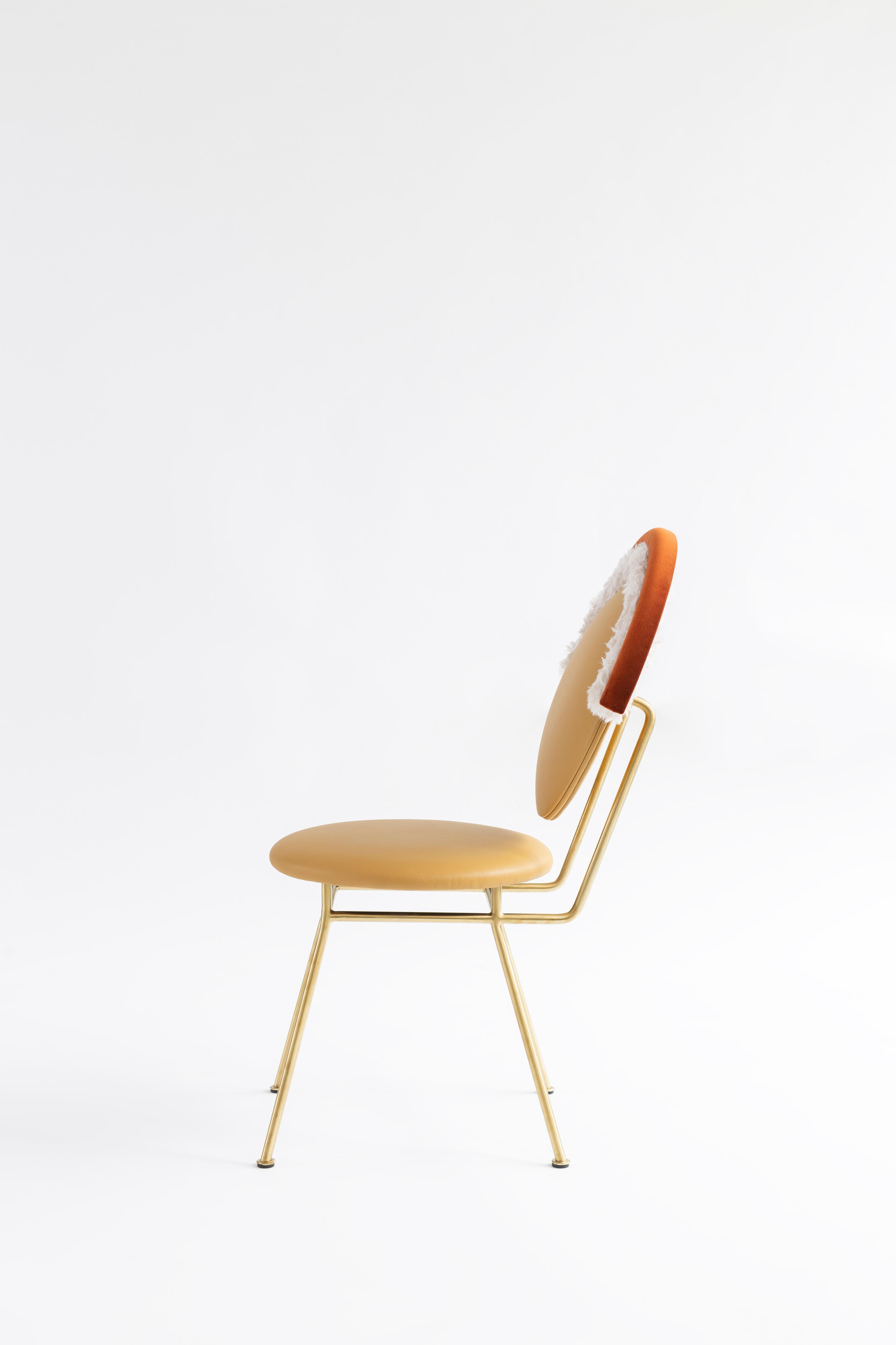 Turkish Iris Spring Chair in Leather by Merve Kahraman, Velvet Faux Fur Matte Brass For Sale