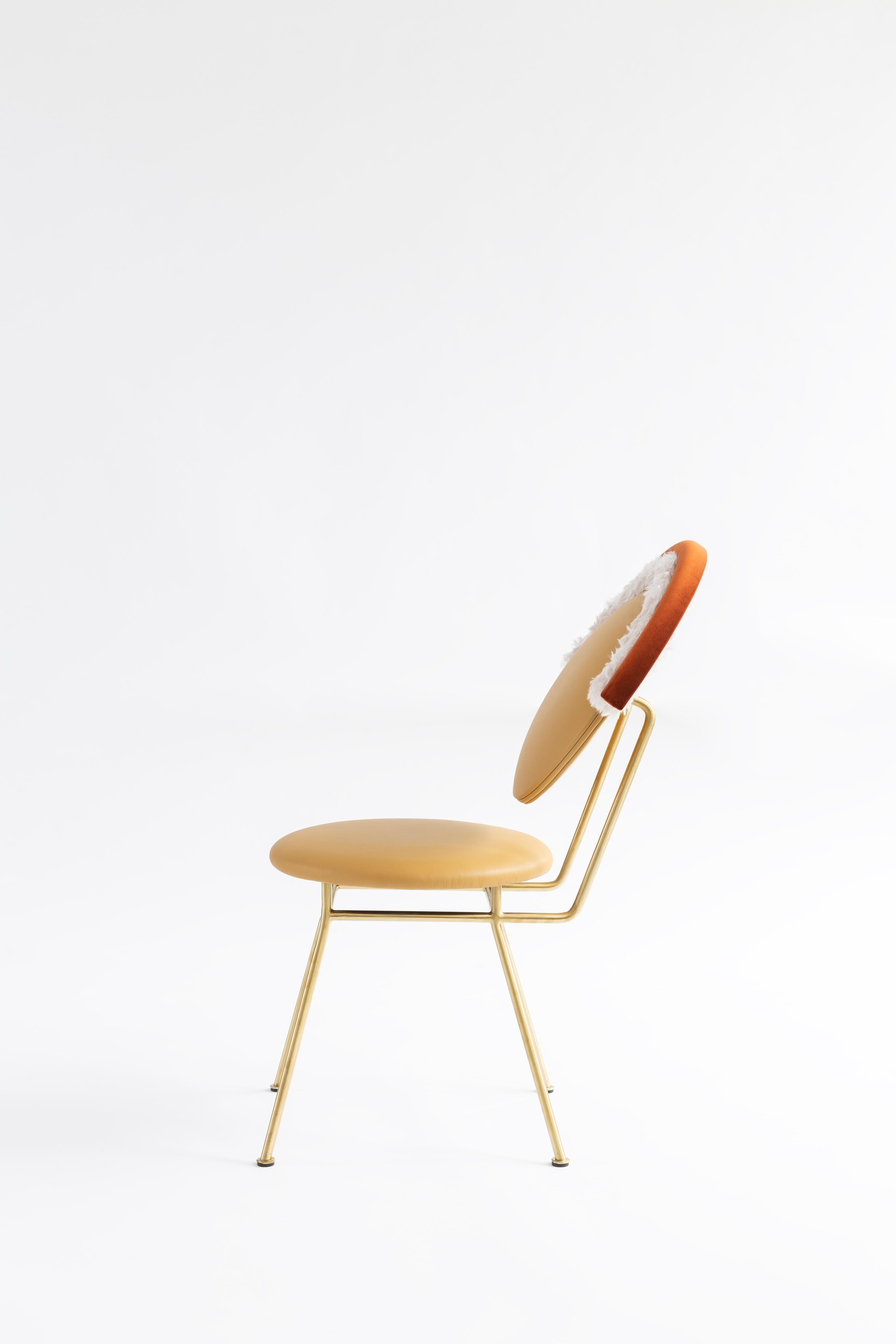 Polished Iris Spring Chair in Leather by Merve Kahraman, Velvet Faux Fur Matte Brass For Sale