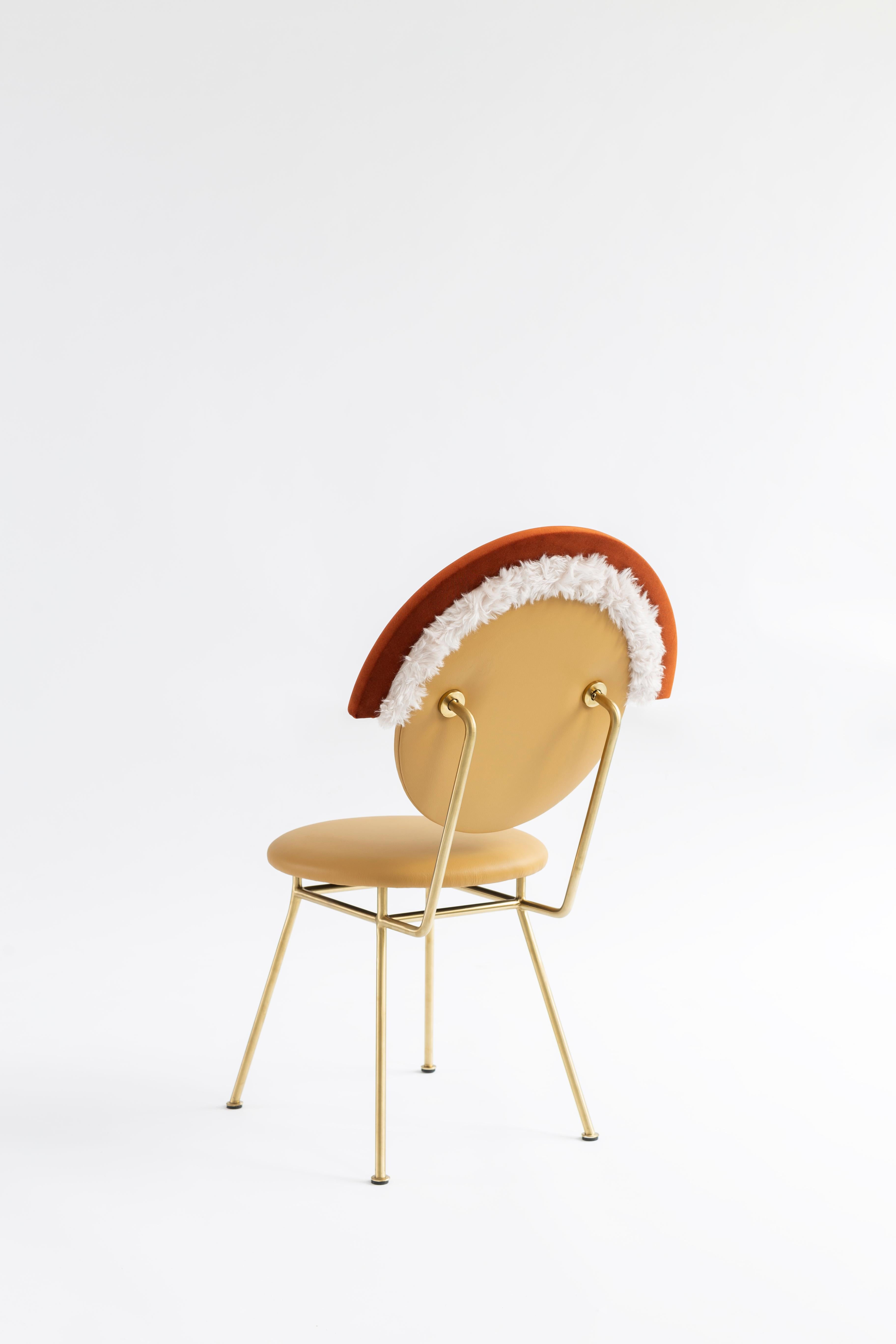 Iris Spring Chair in Leather by Merve Kahraman, Velvet Faux Fur Matte Brass In New Condition For Sale In New York, NY