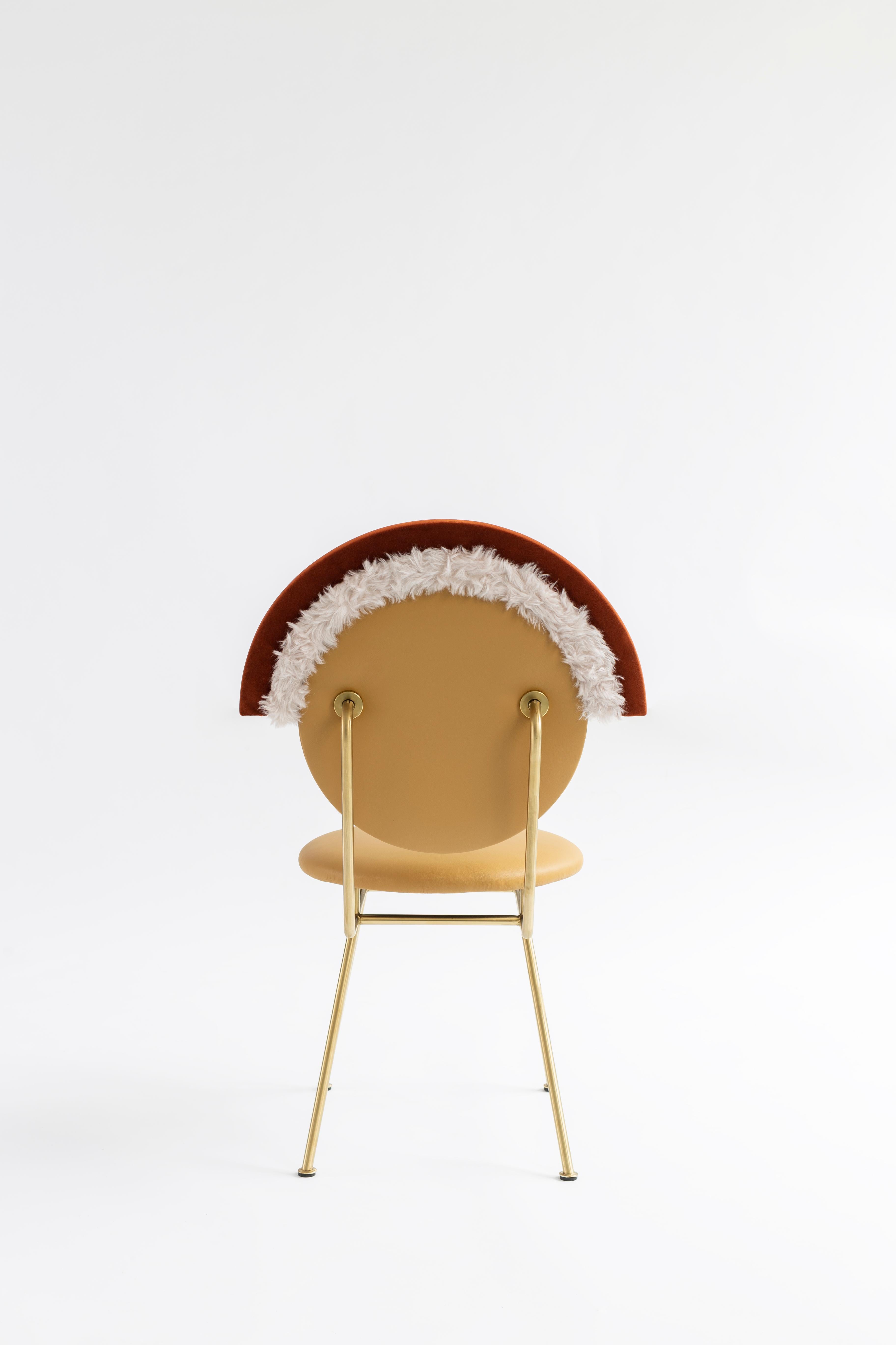 Contemporary Iris Spring Chair in Leather by Merve Kahraman, Velvet Faux Fur Matte Brass For Sale
