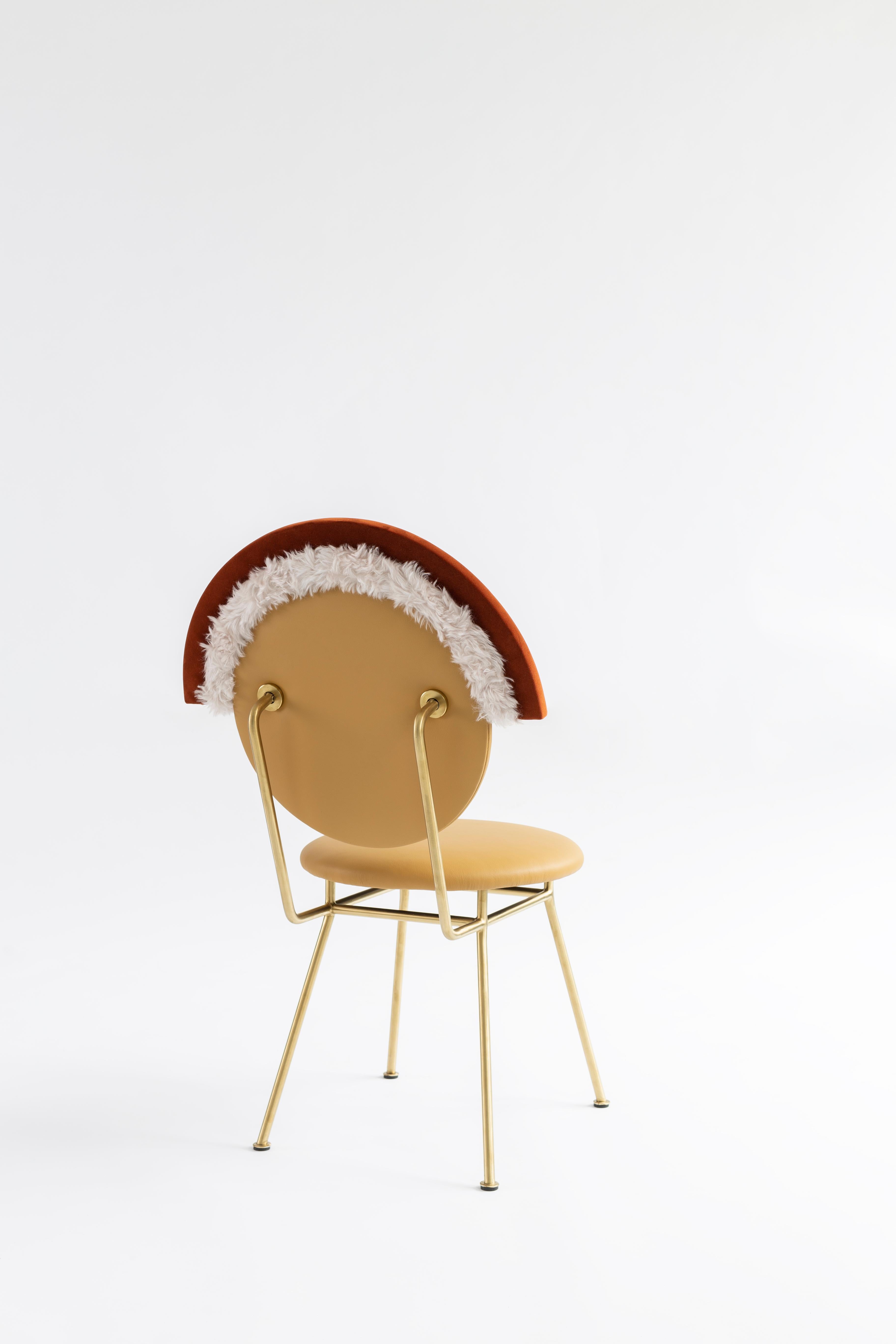 Iris Spring Chair in Leather by Merve Kahraman, Velvet Faux Fur Matte Brass For Sale 2