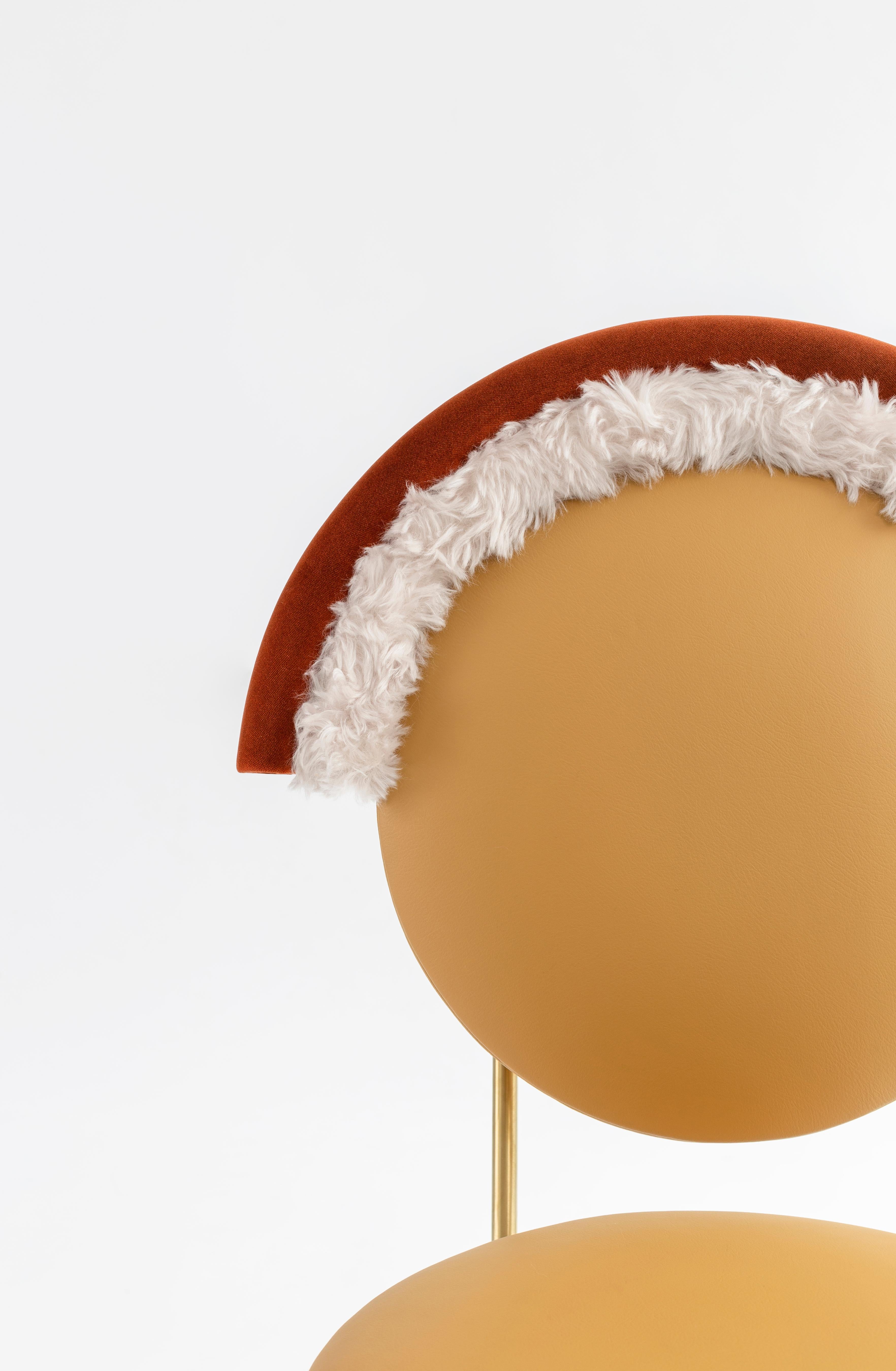 Iris Spring Chair in Leather by Merve Kahraman, Velvet Faux Fur Matte Brass For Sale 3
