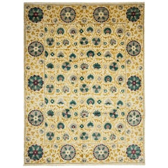 Tapis unique en son genre, noué à la main, en laine à motifs et fleurs , multicolore, 2,76 m x 3,7 m