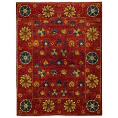 One-of-a-Kind Patterned & Floral Wool Handmade Area Rug, Carmine, 8' 2 x 10' 8