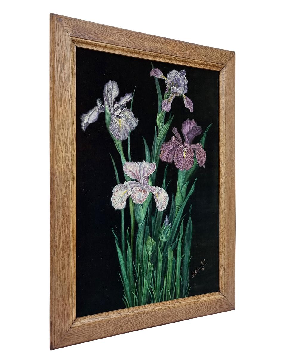 Original oil painting on black velvet by L. Chevallier, circa 1930. Representing a decorative bouquet of 4 white and mauve irises flowers. Framed by an antique light oak frame. Artist's signature lower right. 

Painting 