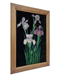 "Irises Flowers" By L. Chevallier, Oil On Black Velvet, circa 1930
