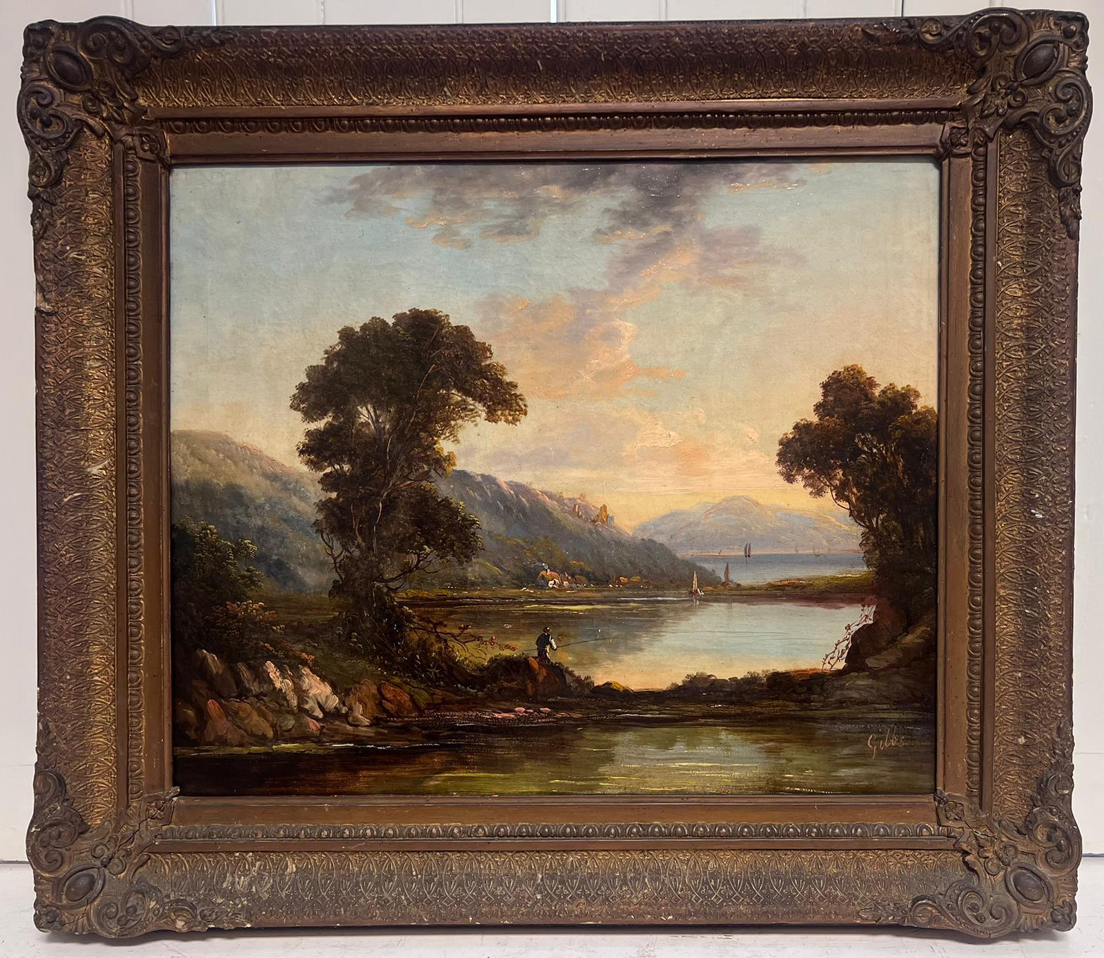 Paysage irlandais de 1850 Grande peinture à l'huile Coucher de soleil sur Lough Waters Homme en train de pêcher - Painting de Irish 19th Century