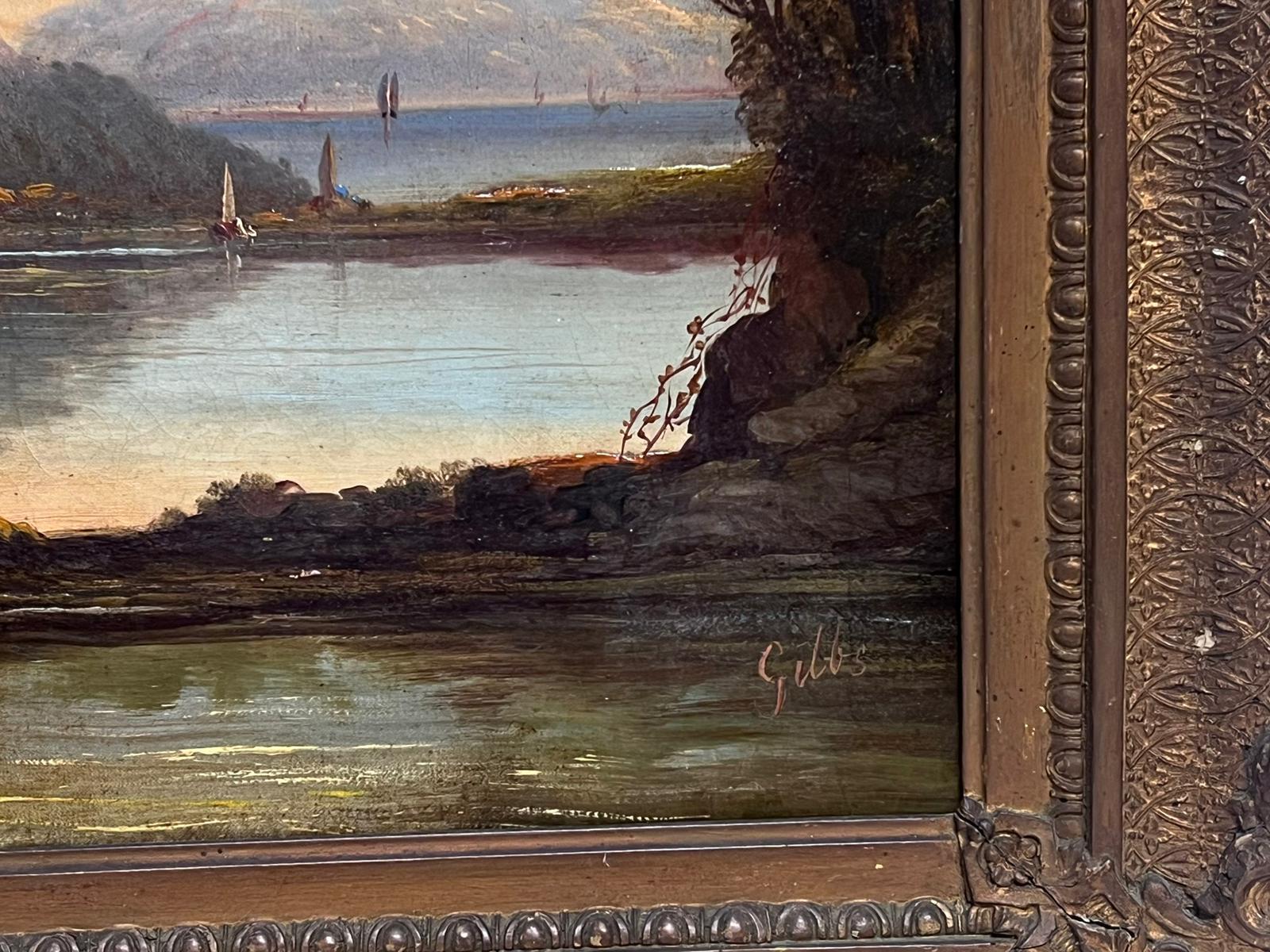 Paysage irlandais de 1850 Grande peinture à l'huile Coucher de soleil sur Lough Waters Homme en train de pêcher - Victorien Painting par Irish 19th Century