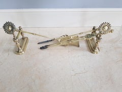 Irish 19th Century Set of Brass Fire Irons and Dogs with Lions Masque