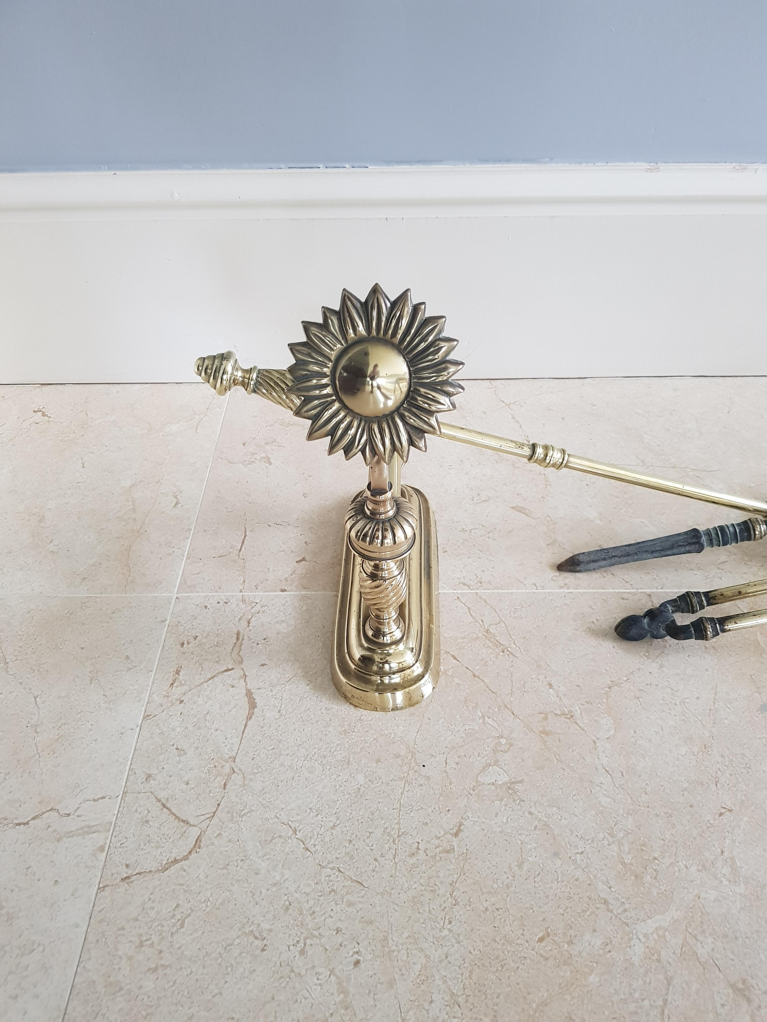 Irish 19th Century Set of Brass Fire Irons and Dogs with Lions Masque In Good Condition For Sale In Dromod, Co. Leitrim