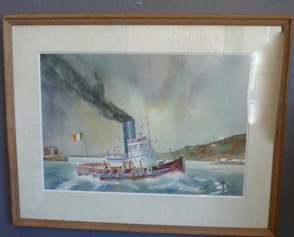 Irish 20th Century Tugboat Oil on Canvas by Chuck Clee For Sale 6