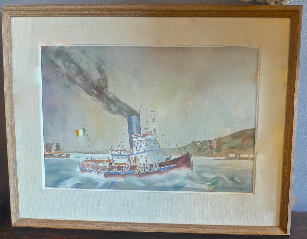 Irish 20th century Tugboat oil on canvas by Chuck Clee.