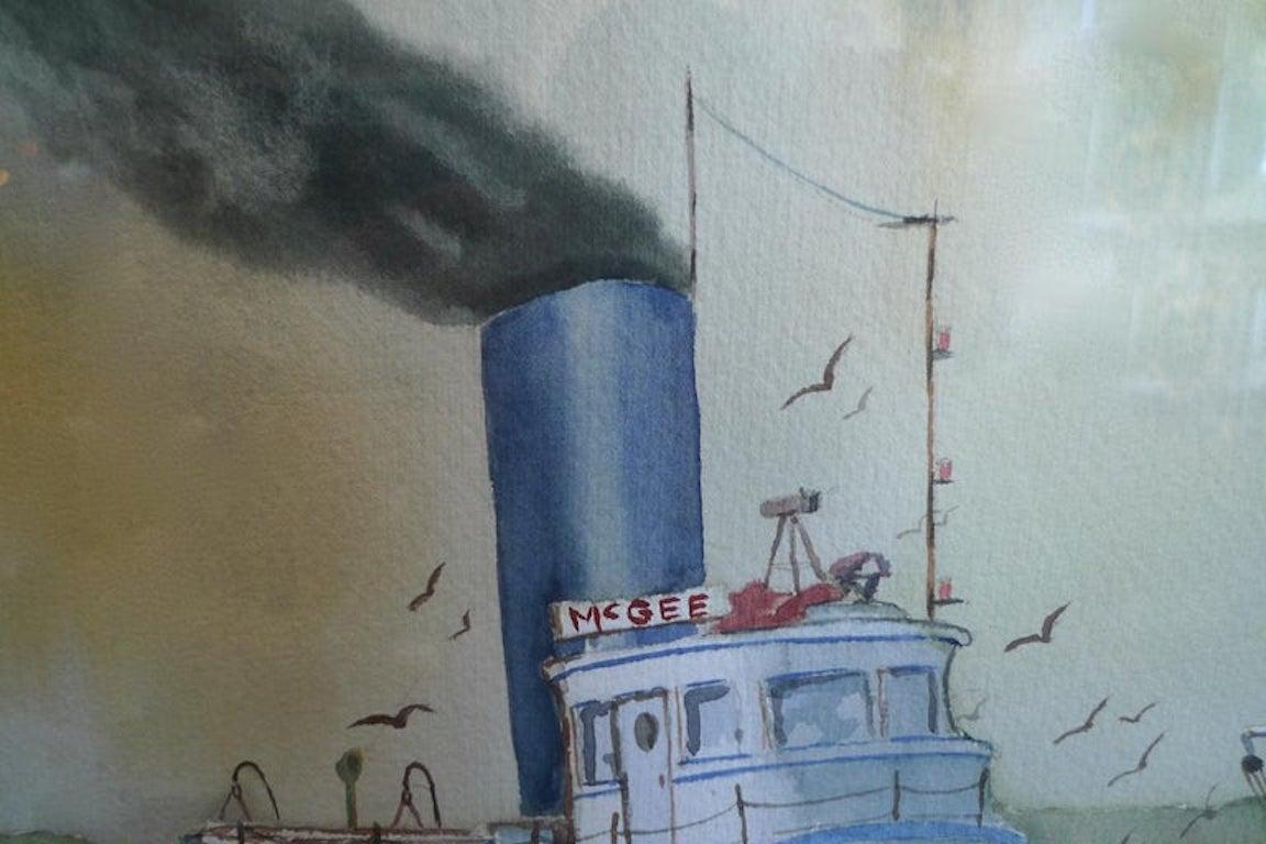 Irish 20th Century Tugboat Oil on Canvas by Chuck Clee For Sale 1