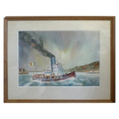 Irish 20th Century Tugboat Oil on Canvas by Chuck Clee