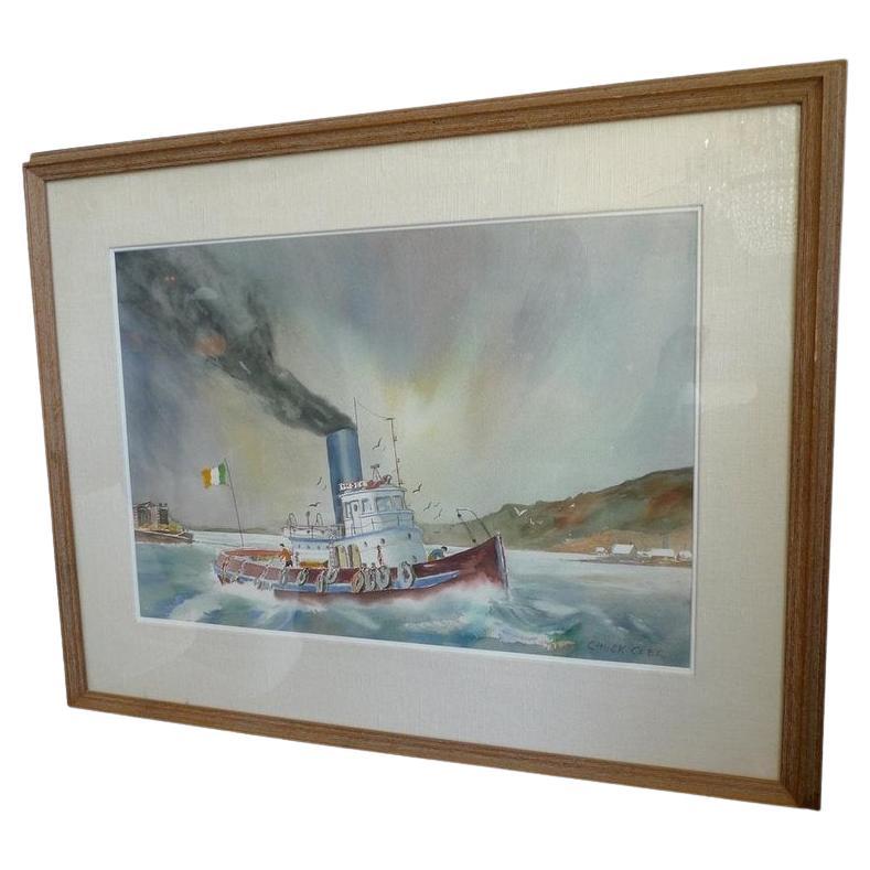 Irish 20th Century Tugboat Oil on Canvas by Chuck Clee For Sale