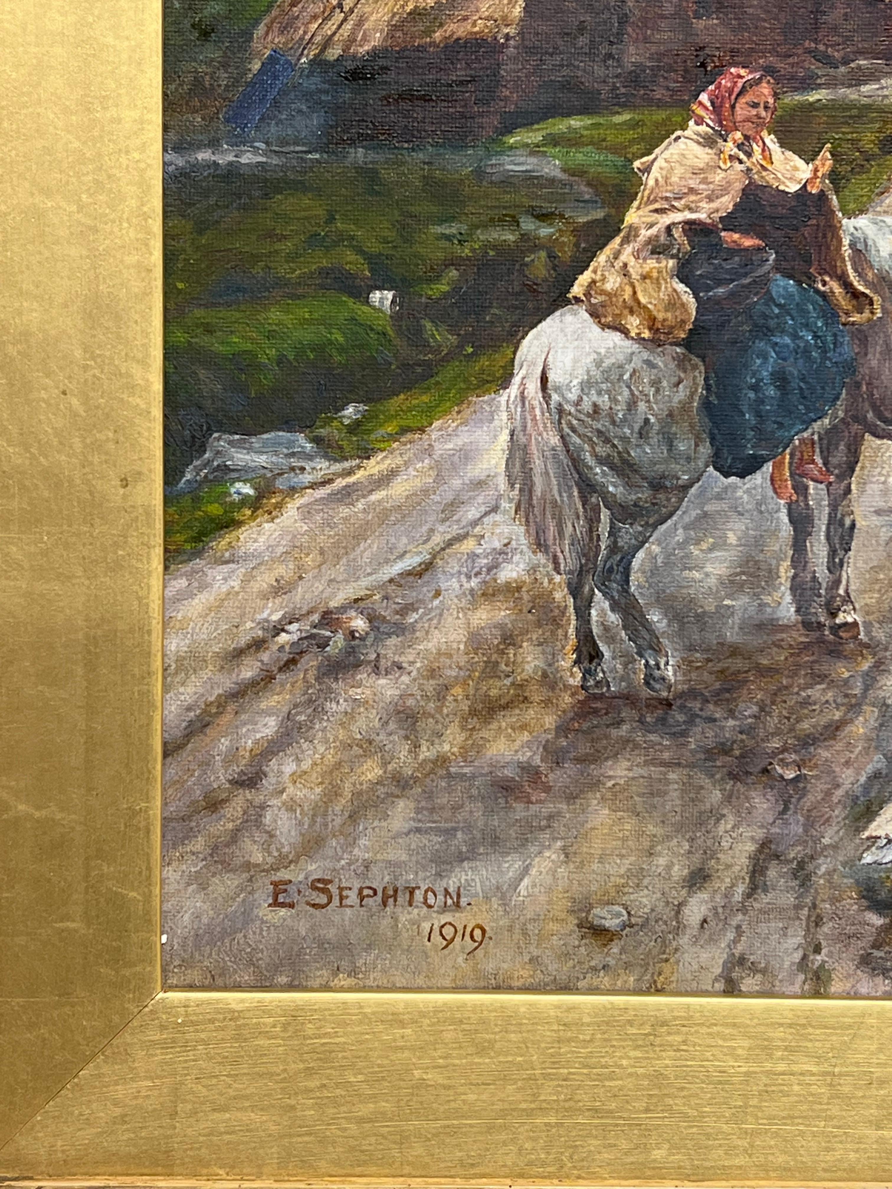 Ancienne peinture à l'huile irlandaise signée Bog Bothy Cottages & Figures Chatting Village en vente 5