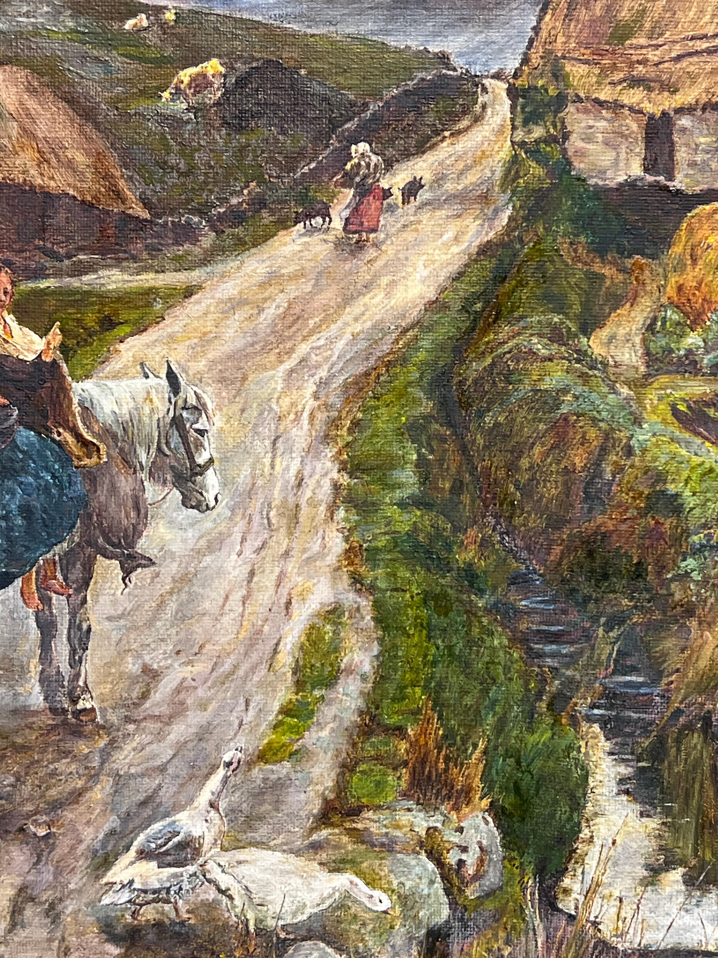 Ancienne peinture à l'huile irlandaise signée Bog Bothy Cottages & Figures Chatting Village en vente 7