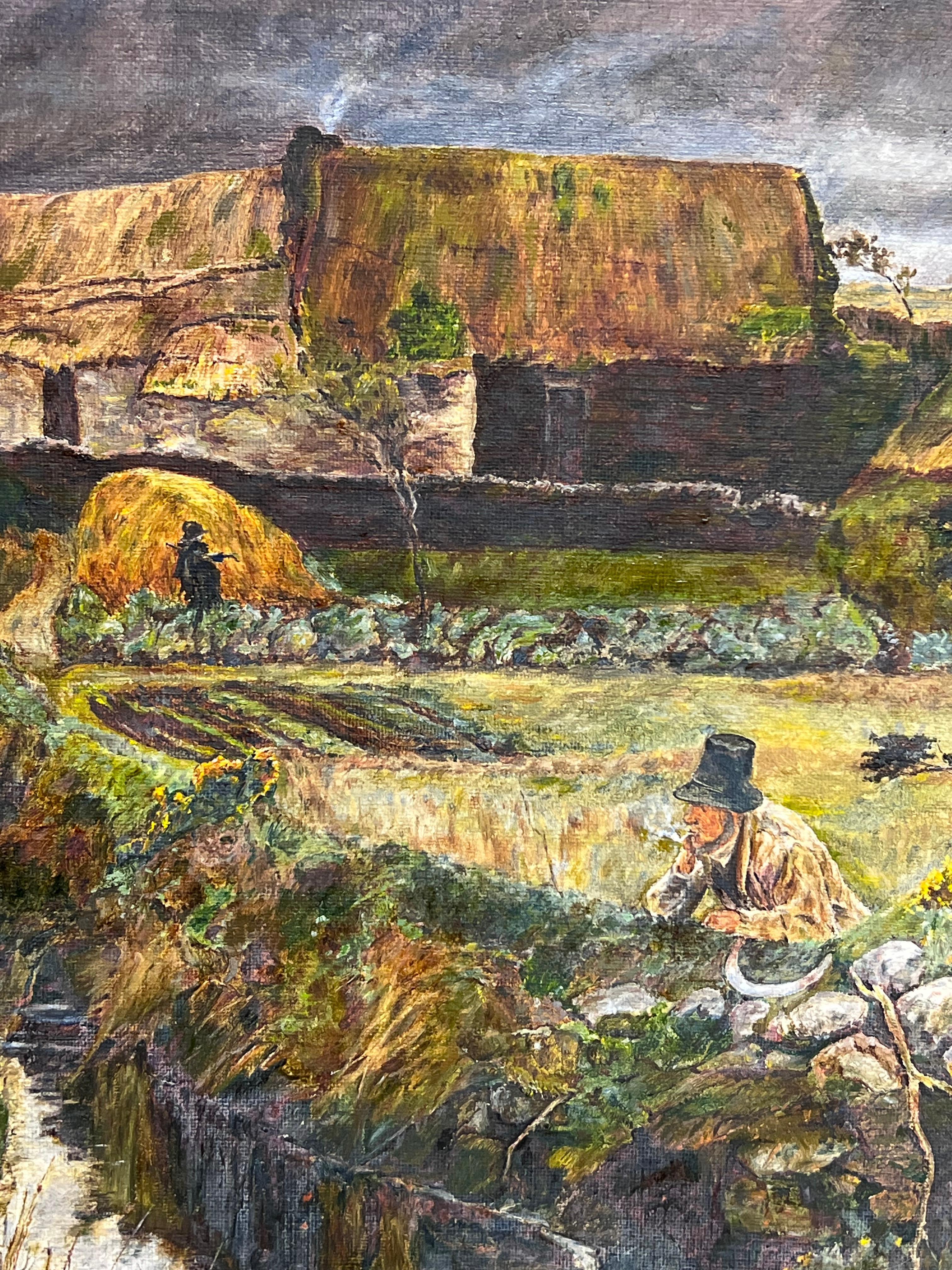 Ancienne peinture à l'huile irlandaise signée Bog Bothy Cottages & Figures Chatting Village en vente 8