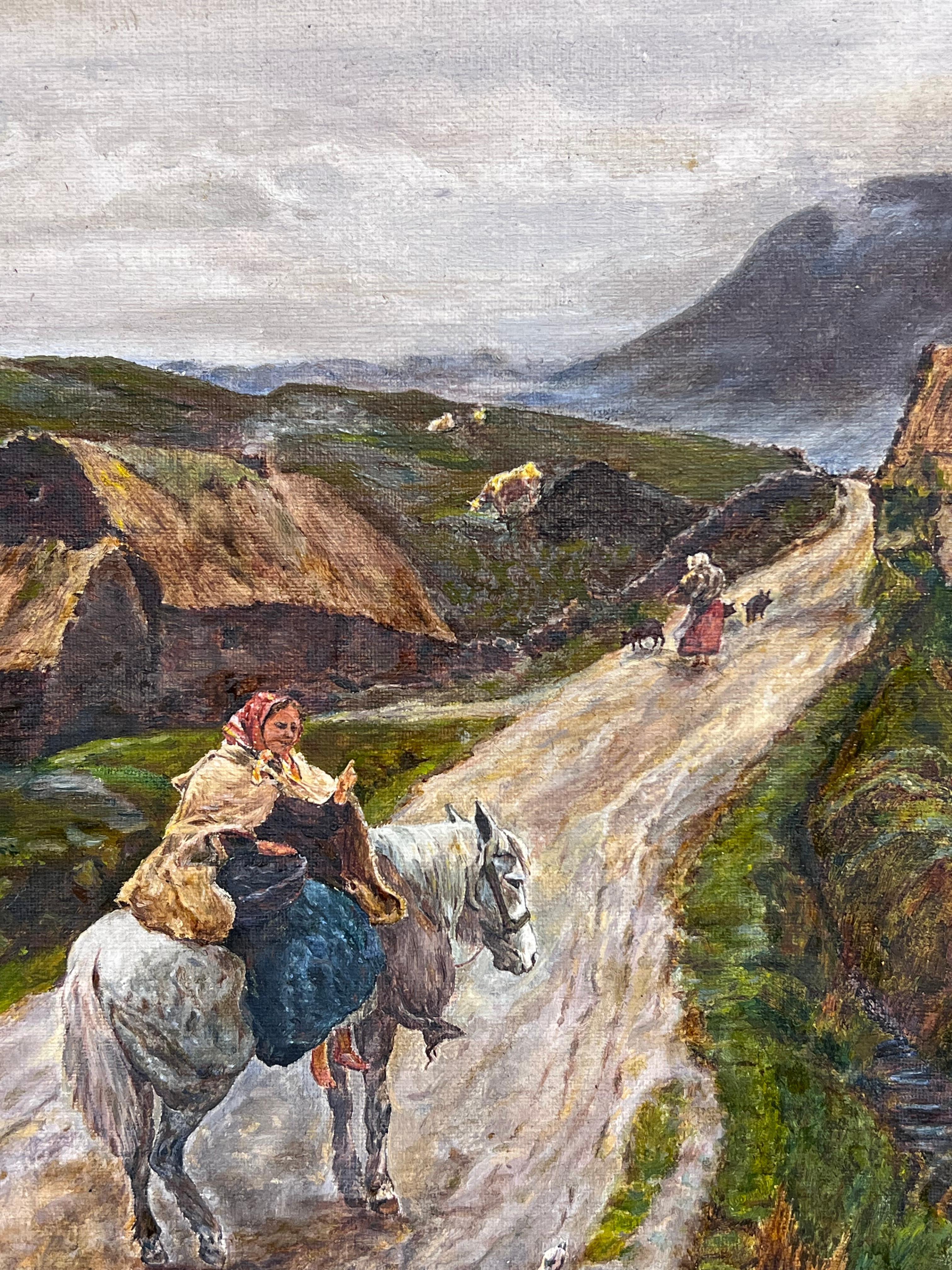 Ancienne peinture à l'huile irlandaise signée Bog Bothy Cottages & Figures Chatting Village en vente 1
