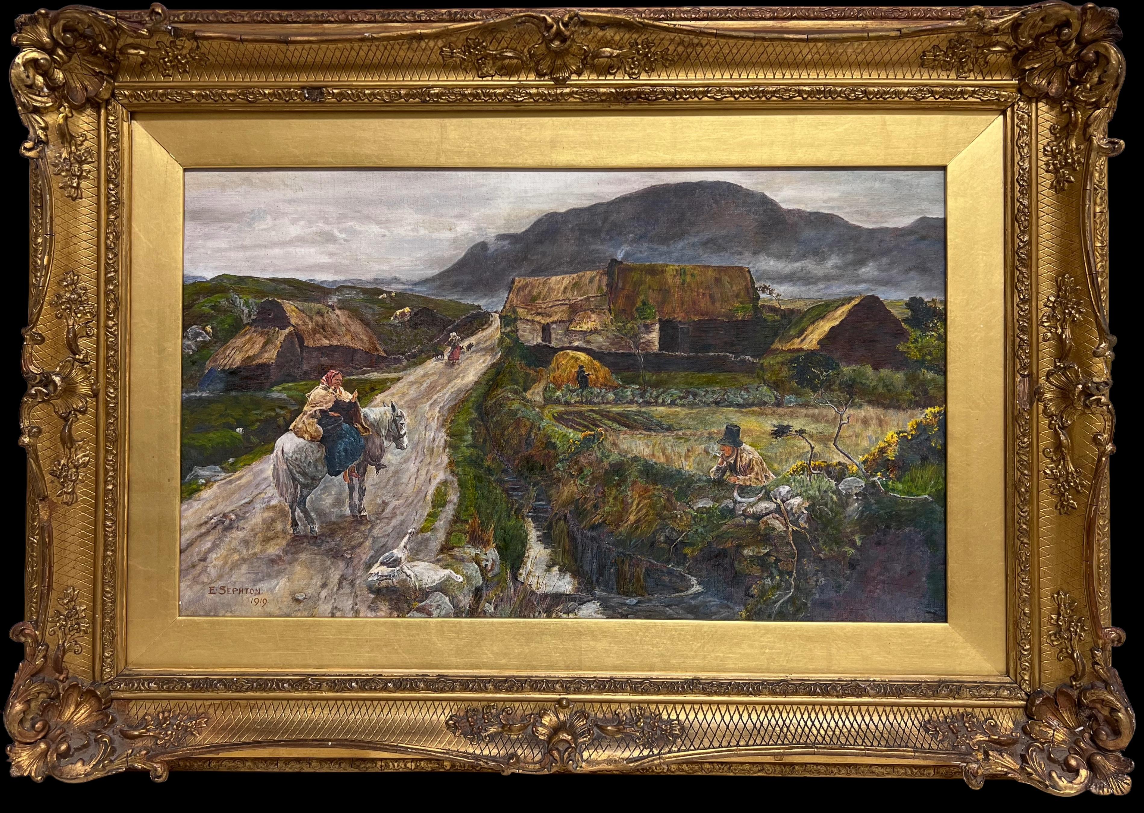Figurative Painting Irish Antique - Ancienne peinture à l'huile irlandaise signée Bog Bothy Cottages & Figures Chatting Village