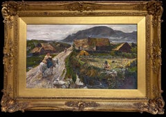Antique Irish Signed Oil Painting Bog Bothy Cottages & Figures Chatting Village