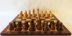 Irish Art Deco Hand-Carved Burl Wood Geometric Chess Set with Inlaid Wood Board