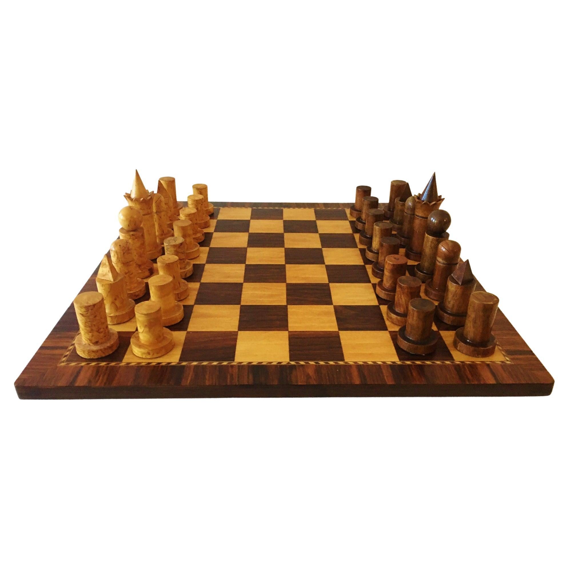 Irish Art Deco Hand-Carved Burl Wood Geometric Chess Set with Inlaid Wood Board For Sale