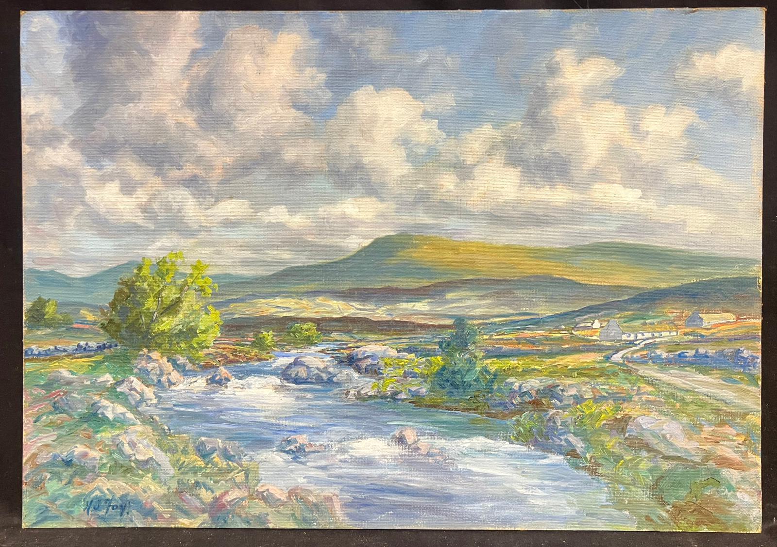 1950s Irish Landscape Signed Oil Painting Rolling Hills Flowing Stream Connemara - Gray Landscape Painting by Irish artist