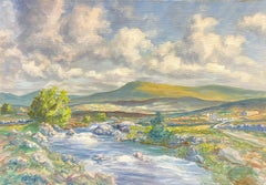 1950s Irish Landscape Signed Oil Painting Rolling Hills Flowing Stream Connemara