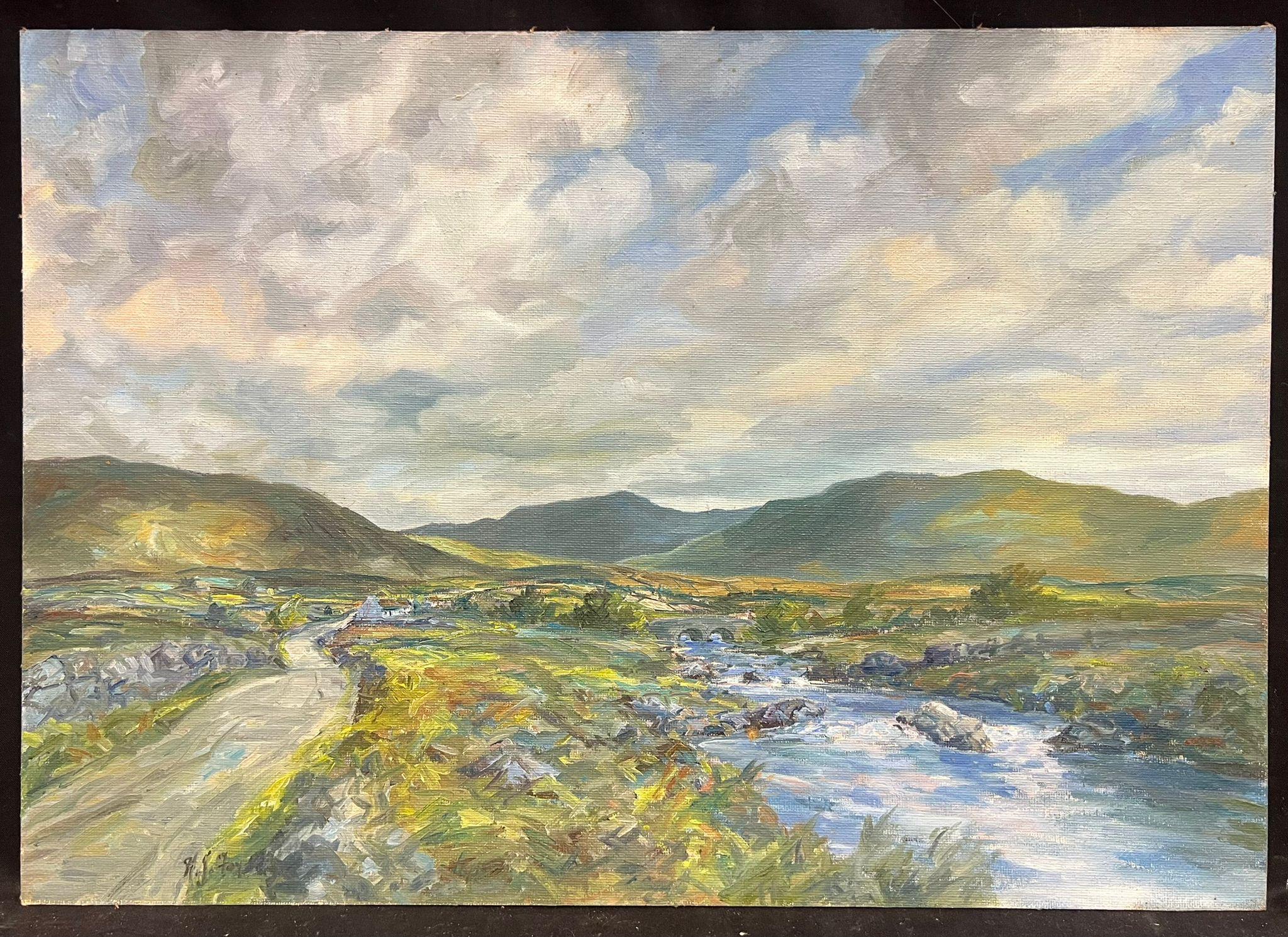 Irisches Vintage-Ölgemälde, Winding Stream & Rolling Green Hills under Cloudy Sky, Vintage – Painting von Irish artist