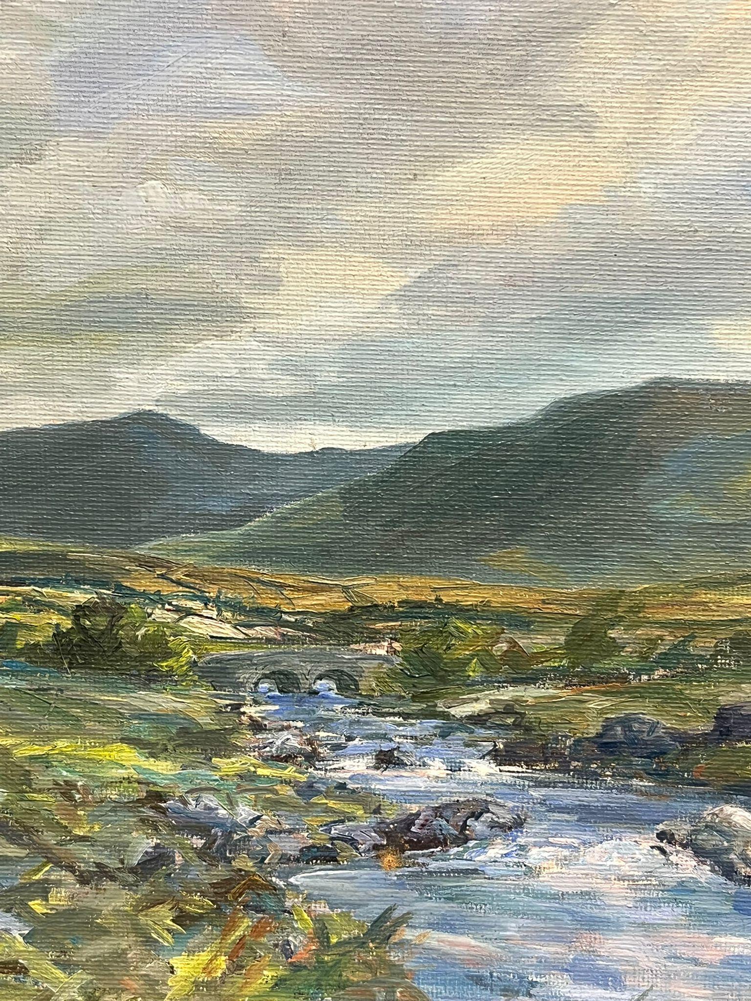 Irisches Vintage-Ölgemälde, Winding Stream & Rolling Green Hills under Cloudy Sky, Vintage (Impressionismus), Painting, von Irish artist