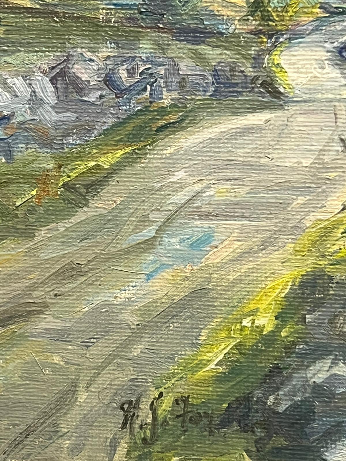 Irisches Vintage-Ölgemälde, Winding Stream & Rolling Green Hills under Cloudy Sky, Vintage (Beige), Landscape Painting, von Irish artist
